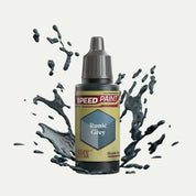 Bottle of the Army Painter Speedpaint in the colour Runic Grey on a white background. There are splatters of Runic Grey paint emerging from the bottom of the paint bottle. 