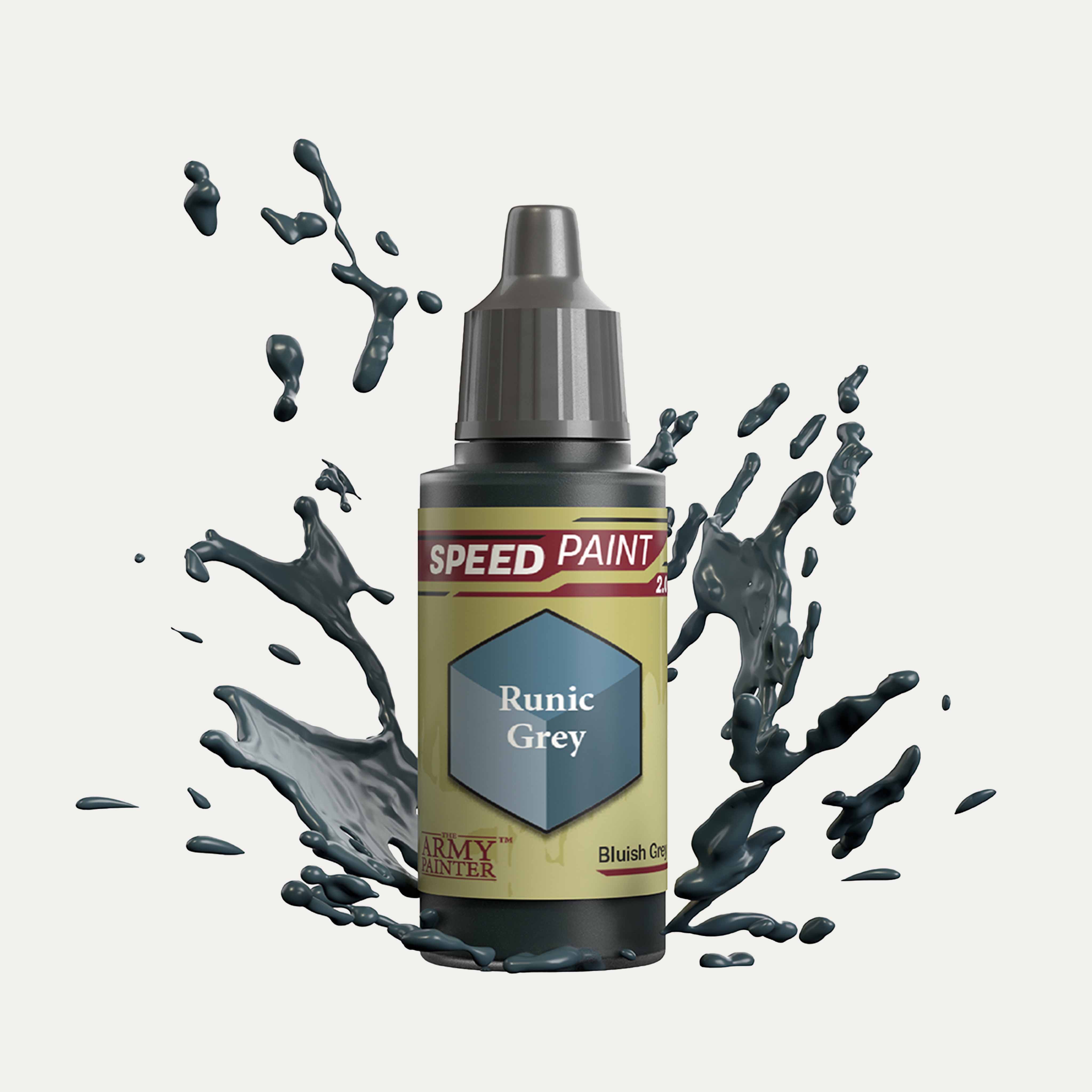 Bottle of the Army Painter Speedpaint in the colour Runic Grey on a white background. There are splatters of Runic Grey paint emerging from the bottom of the paint bottle. 