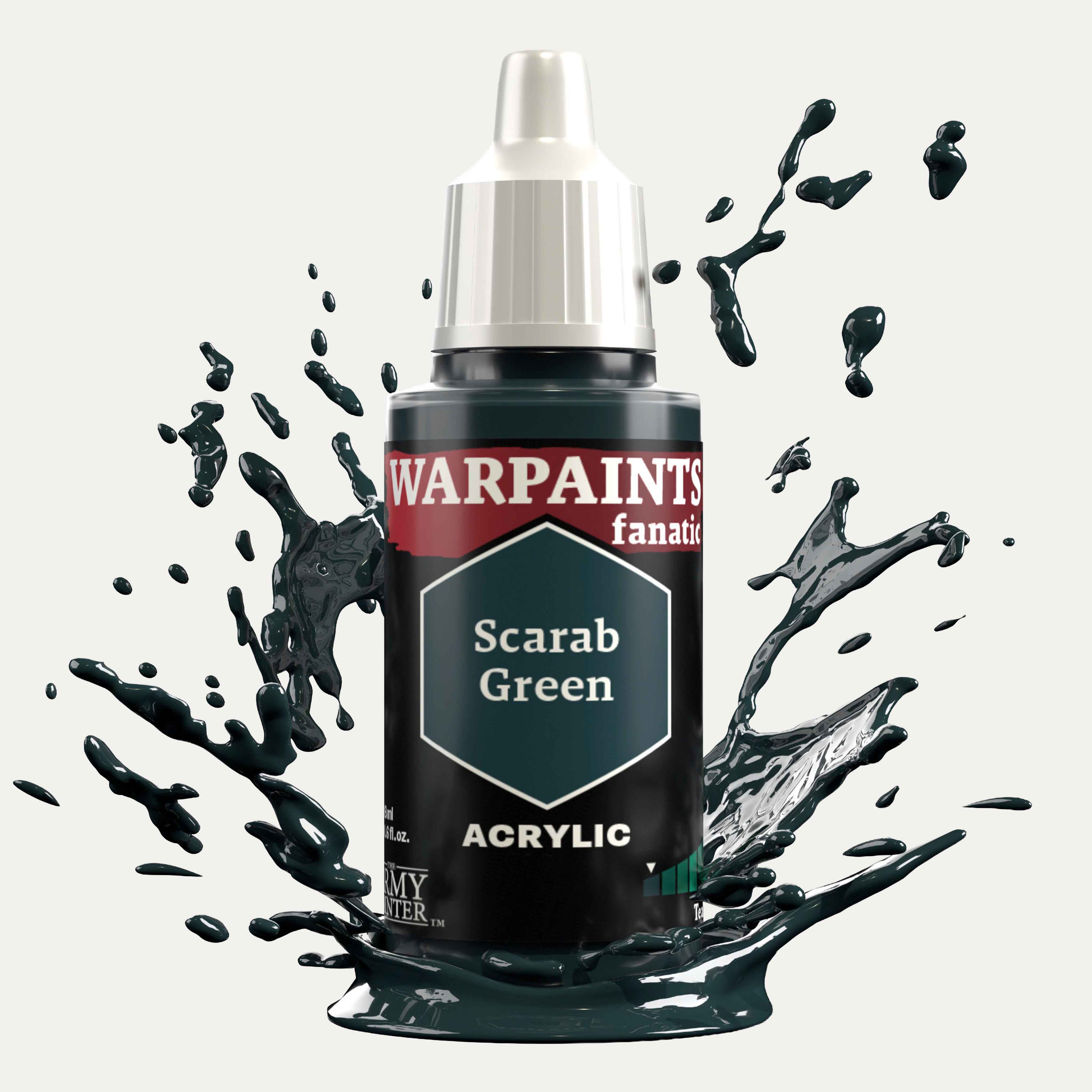 Bottle of the Army Painter Fanatics in the colour Scarab Green on a white background. There are splatters of paint emerging from the bottom of the paint bottle. 