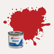 Humbrol Enamel paint tin, with a splatter of Scarlett Matt colour behind it, on a white background.