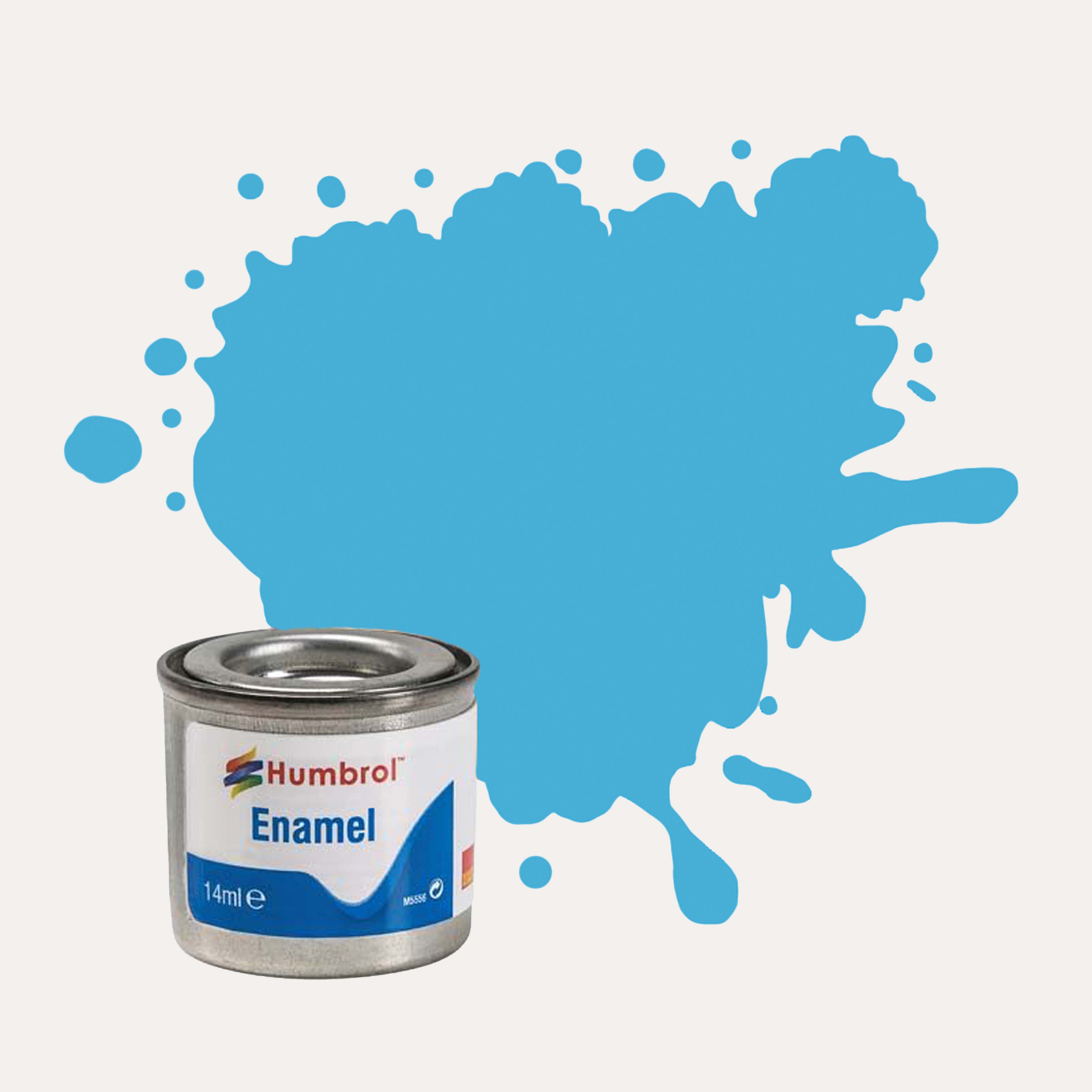 Humbrol Enamel paint tin, with a splatter of Sea Blue Gloss colour behind it, on a white background.
