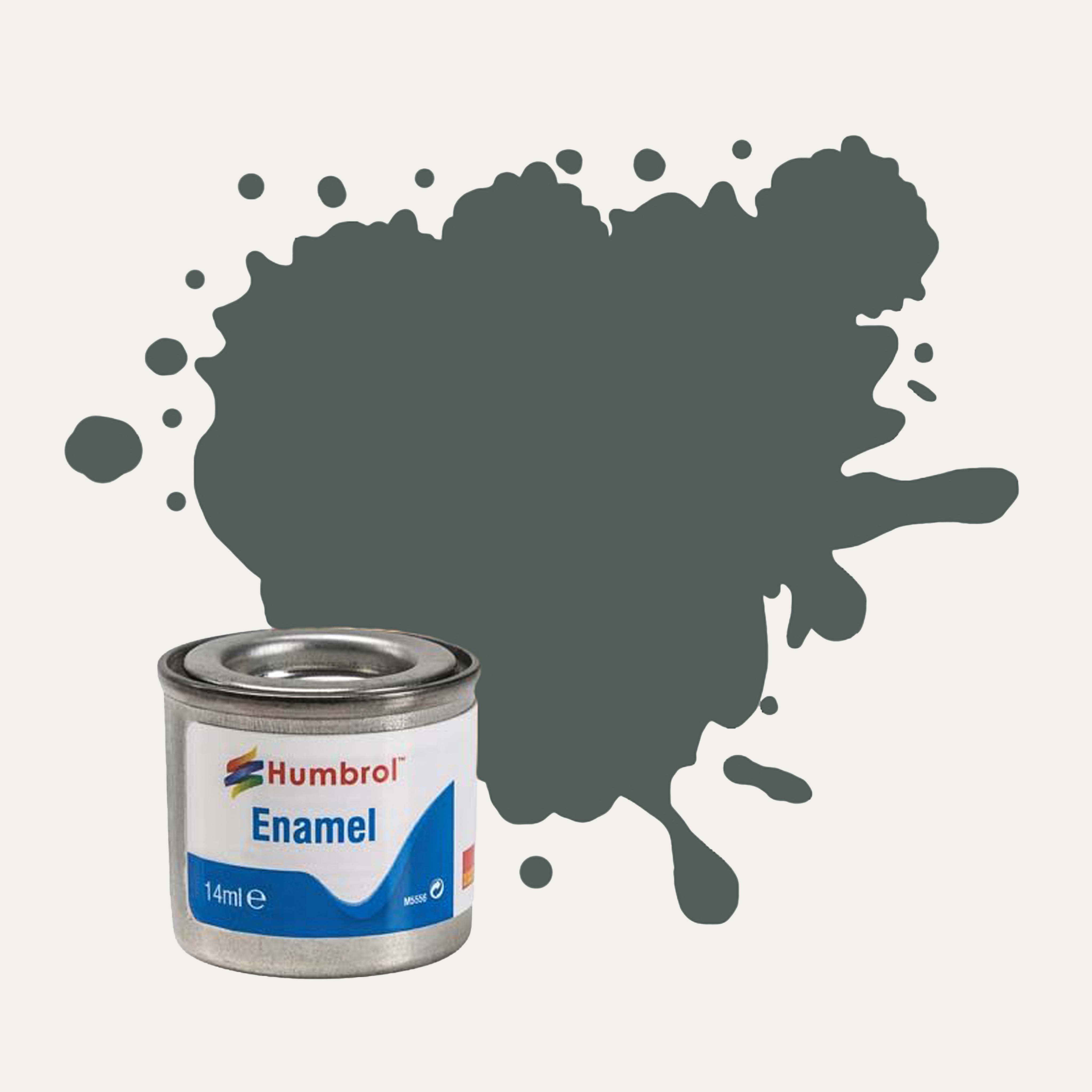 Humbrol Enamel paint tin, with a splatter of Sea Grey Matt colour behind it, on a white background.