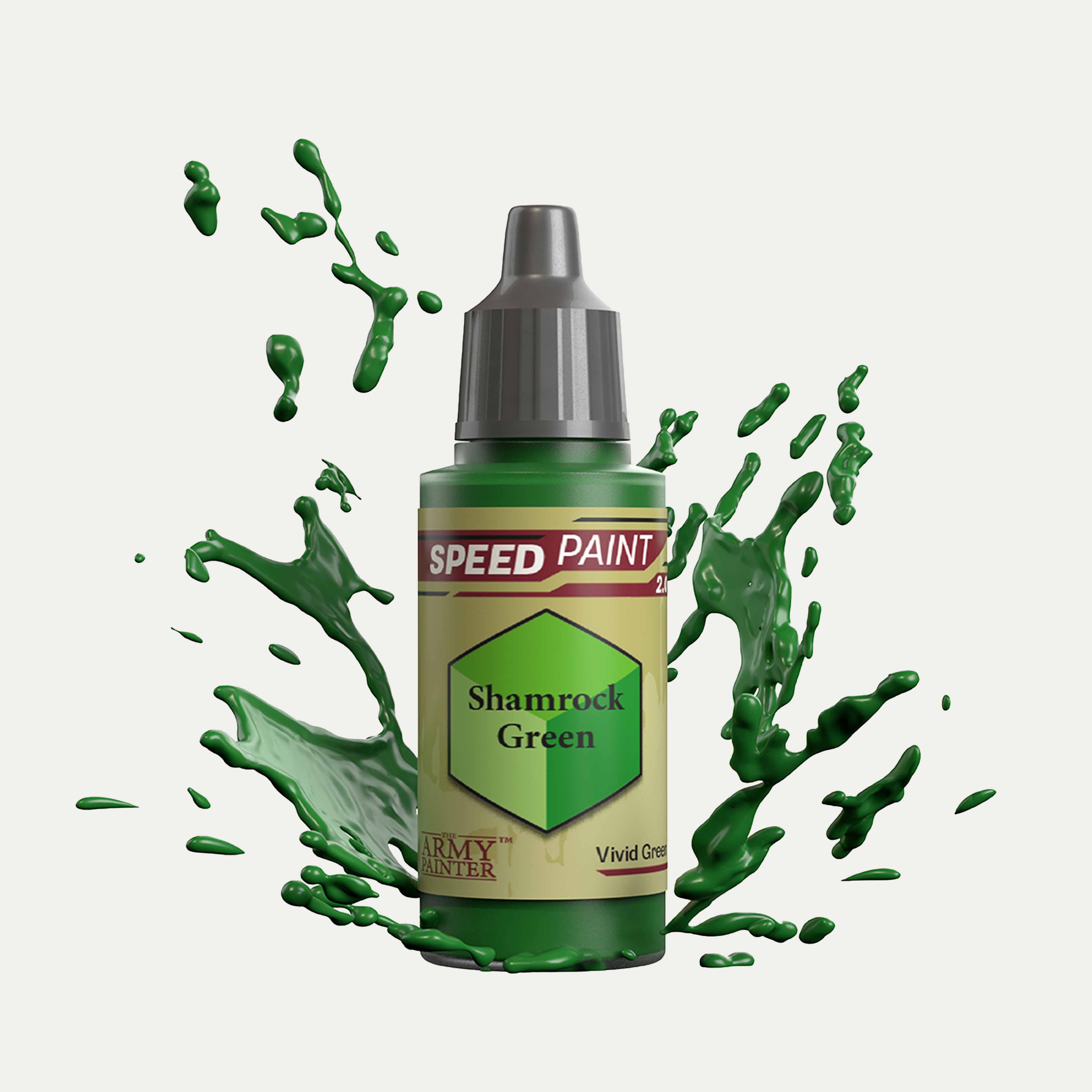 Bottle of the Army Painter Speedpaint in the colour Shamrock Green on a white background. There are splatters of Shamrock Green paint emerging from the bottom of the paint bottle. 