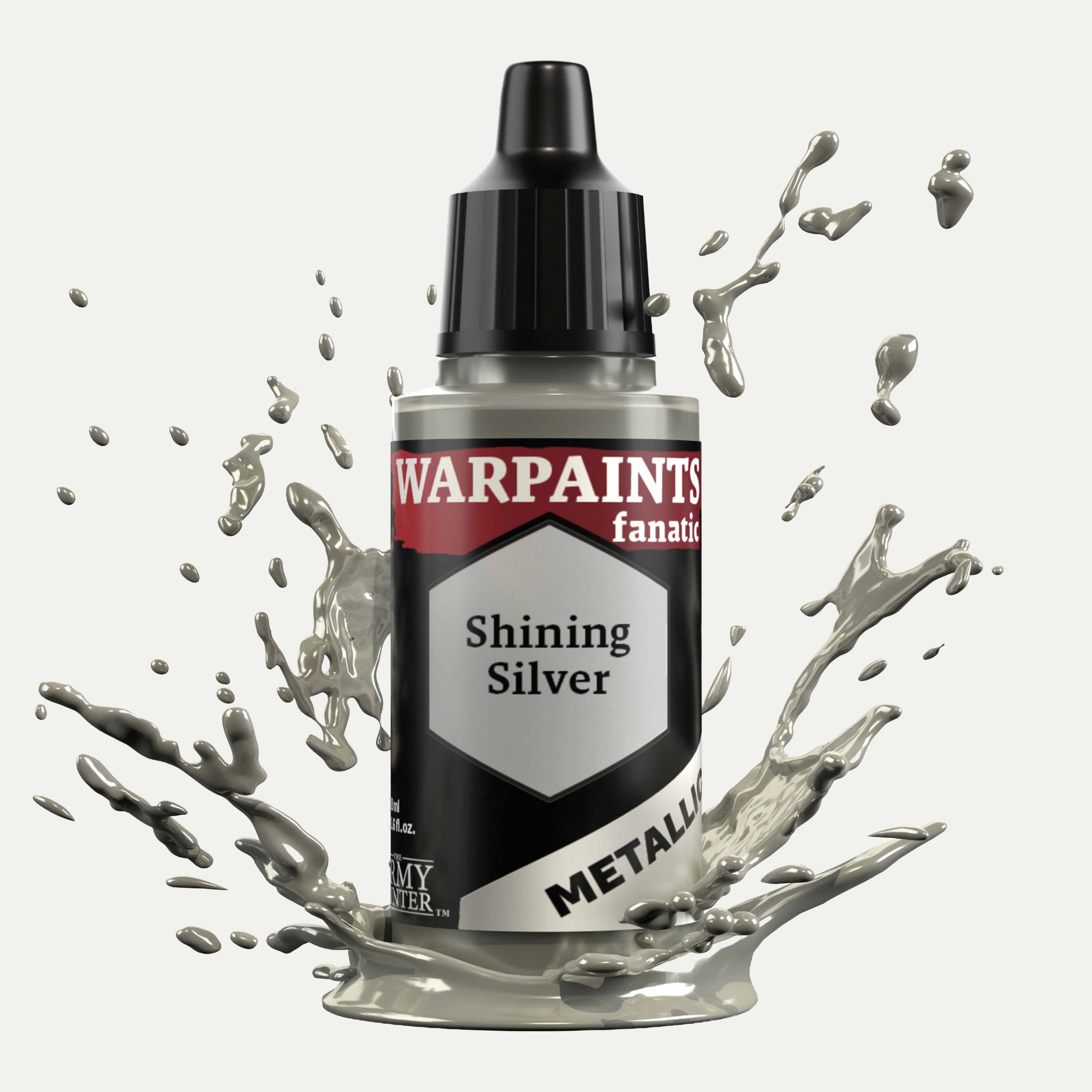 Bottle of the Army Painter Fanatics Metallic paint in the colour Shining Silver on a white background. There are splatters of paint emerging from the bottom of the paint bottle. 