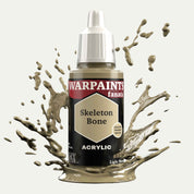 Bottle of the Army Painter Fanatics in the colour Skeleton Bone on a white background. There are splatters of paint emerging from the bottom of the paint bottle. 