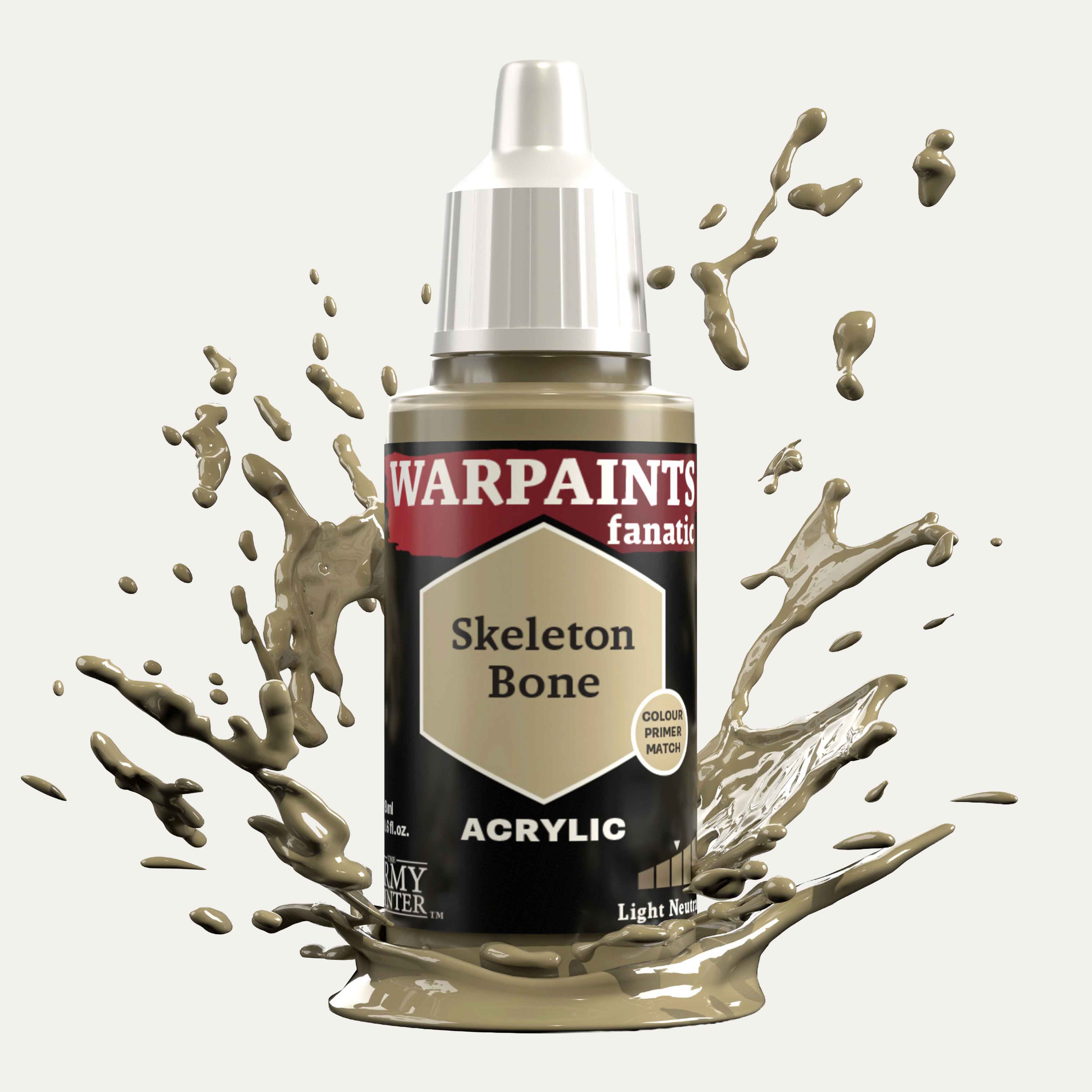 Bottle of the Army Painter Fanatics in the colour Skeleton Bone on a white background. There are splatters of paint emerging from the bottom of the paint bottle. 