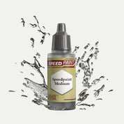 Bottle of the Army Painter Speedpaint Medium on a white background. There are splatters of Speedpaint Medium emerging from the bottom of the paint bottle.