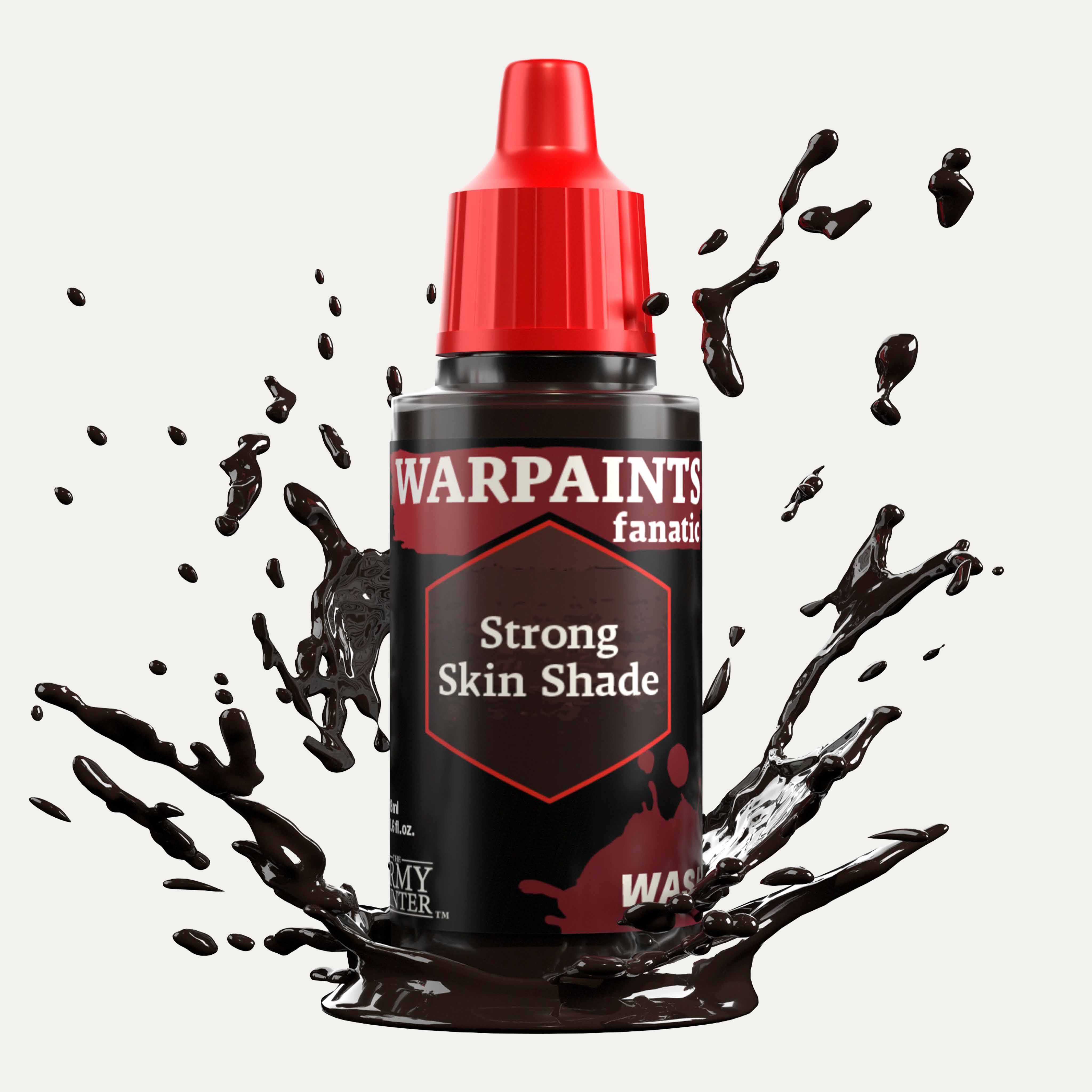 Bottle of the Army Painter Fanatics Wash in the colour Strong Skin Shade on a white background. There are splatters of paint emerging from the bottom of the paint bottle. 