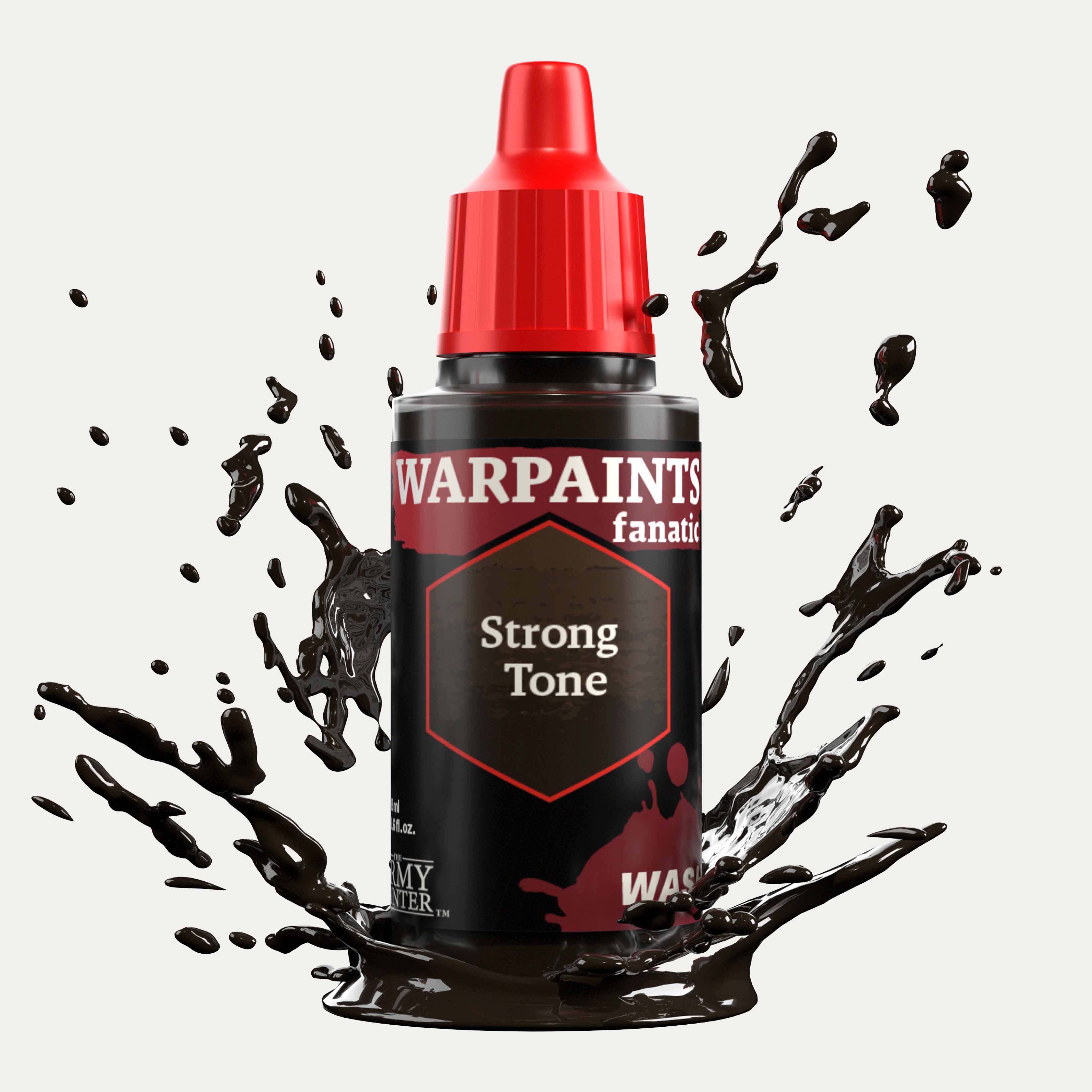 Bottle of the Army Painter Fanatics Wash in the colour Strong Tone on a white background. There are splatters of paint emerging from the bottom of the paint bottle. 