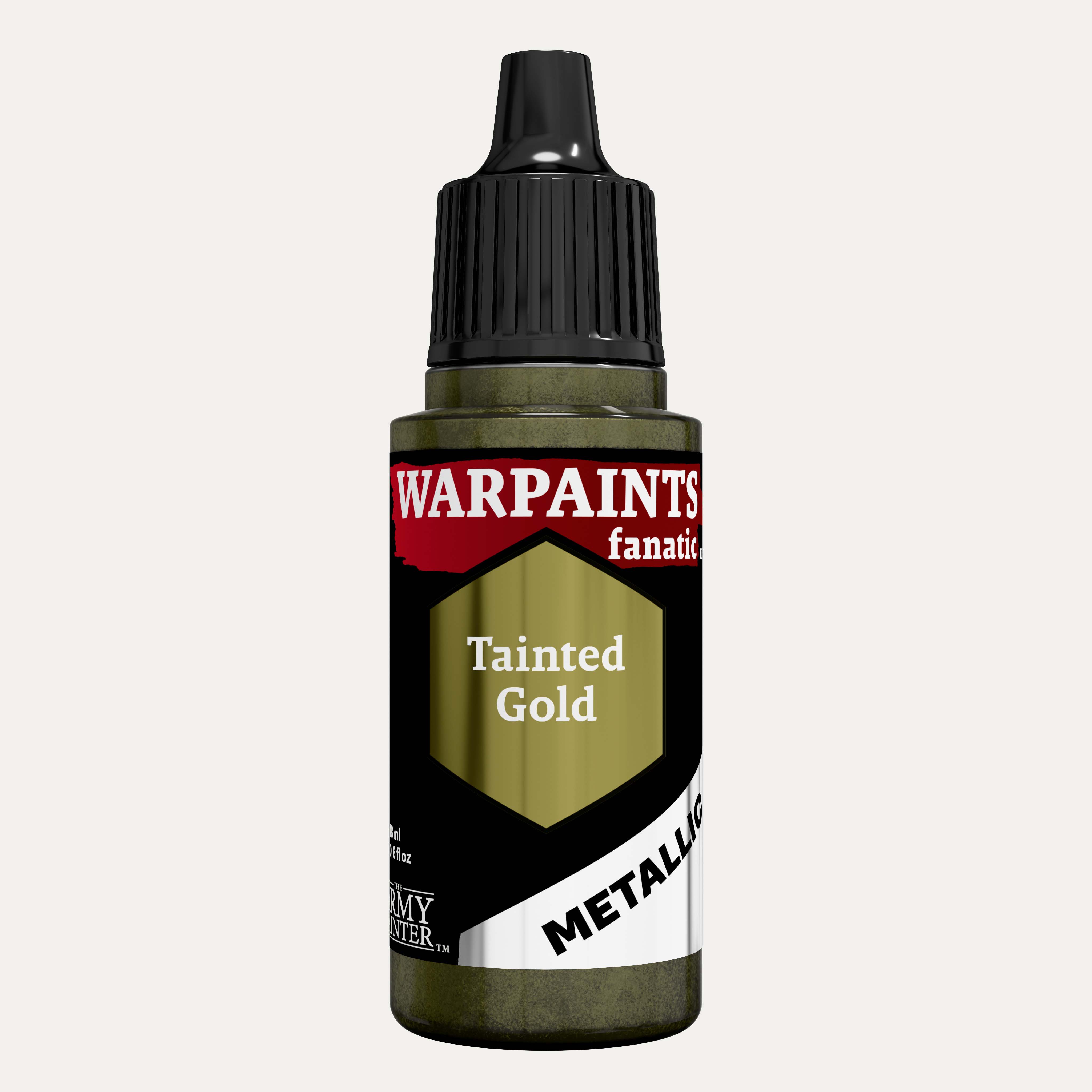 Bottle of the Army Painter Fanatics Metallic paint in the colour Tainted Gold on a white background.