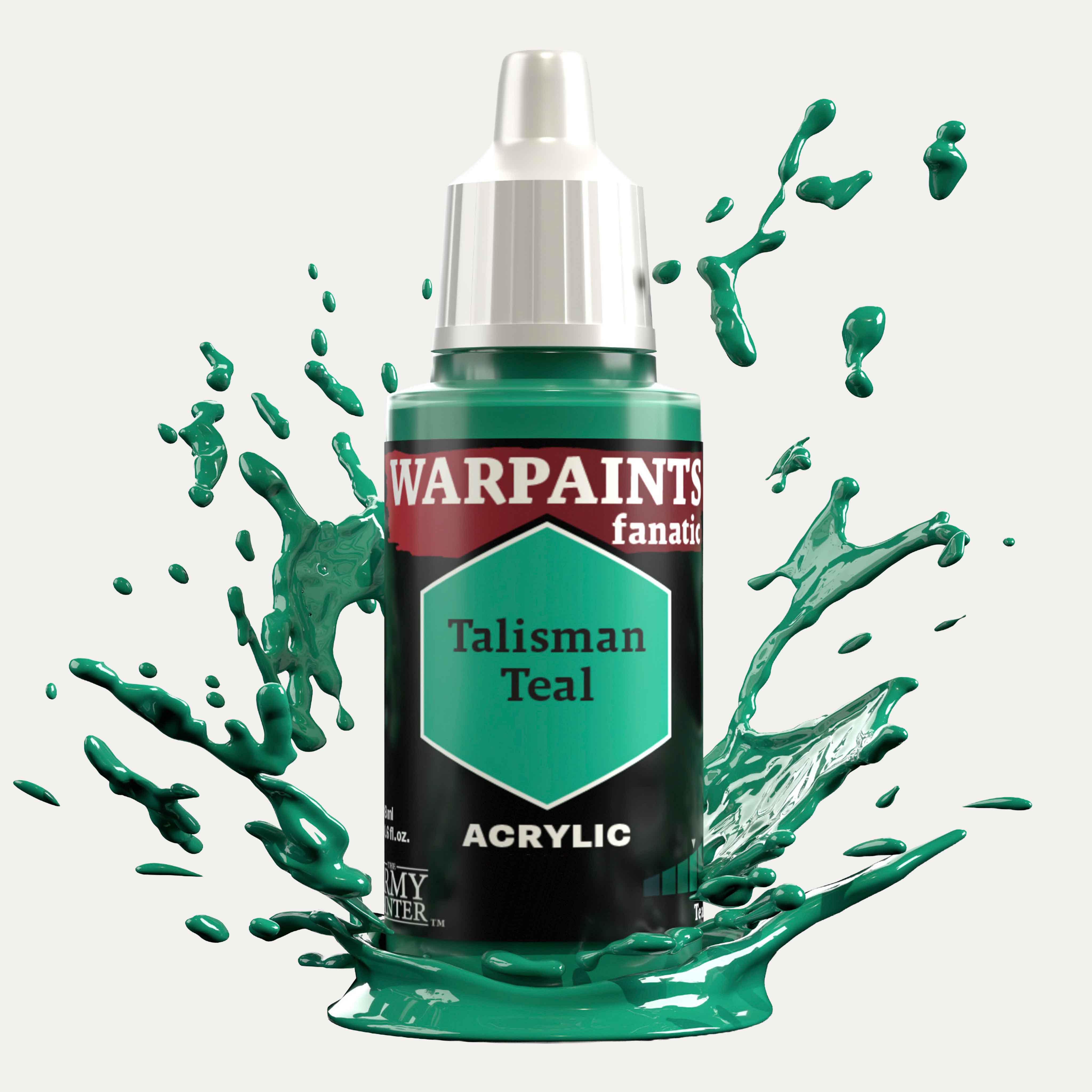 Bottle of the Army Painter Fanatics in the colour Talisman Teal on a white background. There are splatters of paint emerging from the bottom of the paint bottle. 
