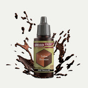 Bottle of the Army Painter Metallic Speedpaint in the colour Talos Bronze on a white background. There are splatters of Talos Bronze  paint emerging from the bottom of the paint bottle. 