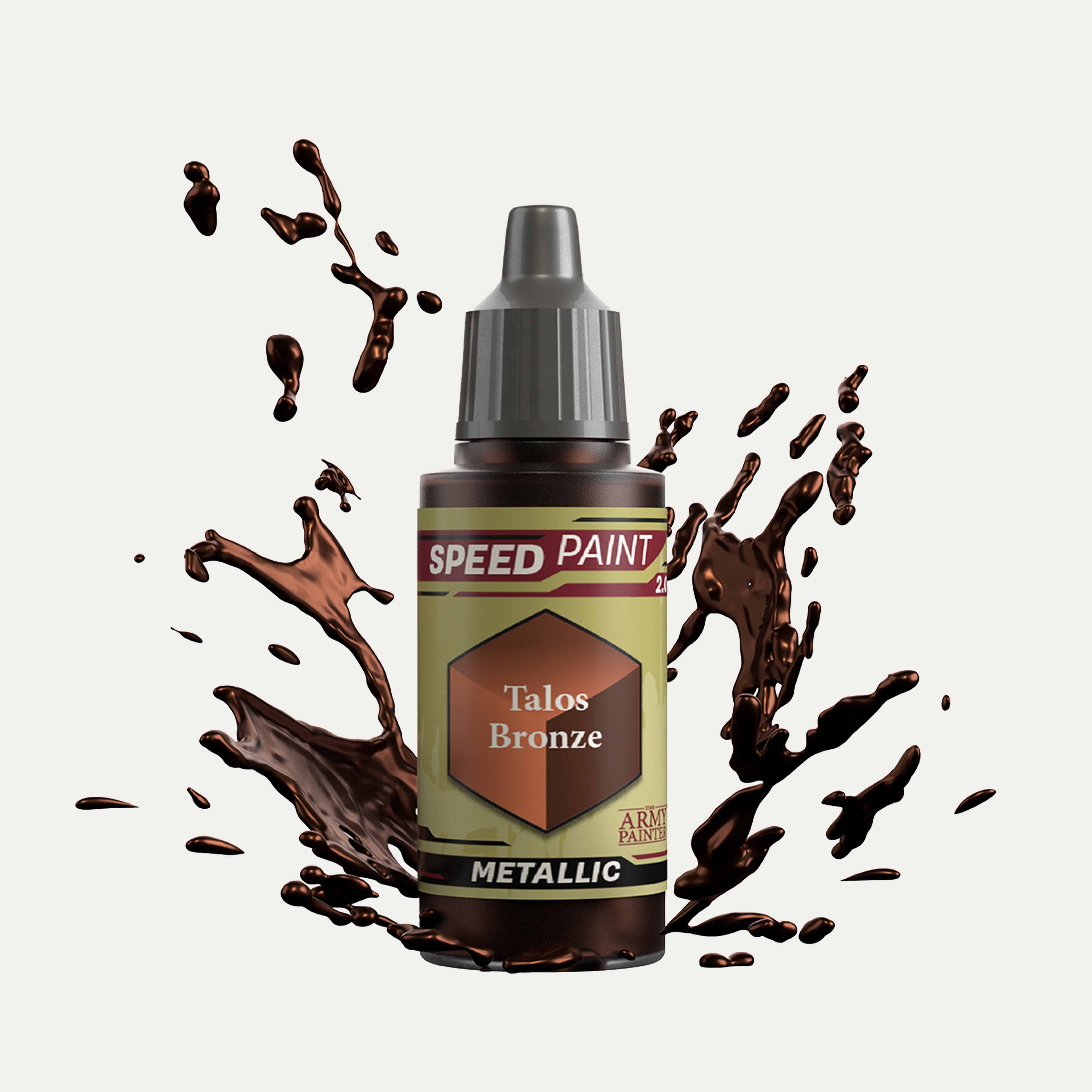 Bottle of the Army Painter Metallic Speedpaint in the colour Talos Bronze on a white background. There are splatters of Talos Bronze  paint emerging from the bottom of the paint bottle. 