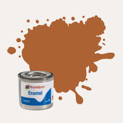 Humbrol Enamel paint tin, with a splatter of Tan Gloss colour behind it, on a white background.
