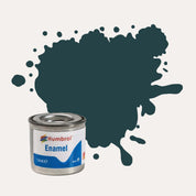 Humbrol Enamel paint tin, with a splatter of Tank Grey Matt colour behind it, on a white background.