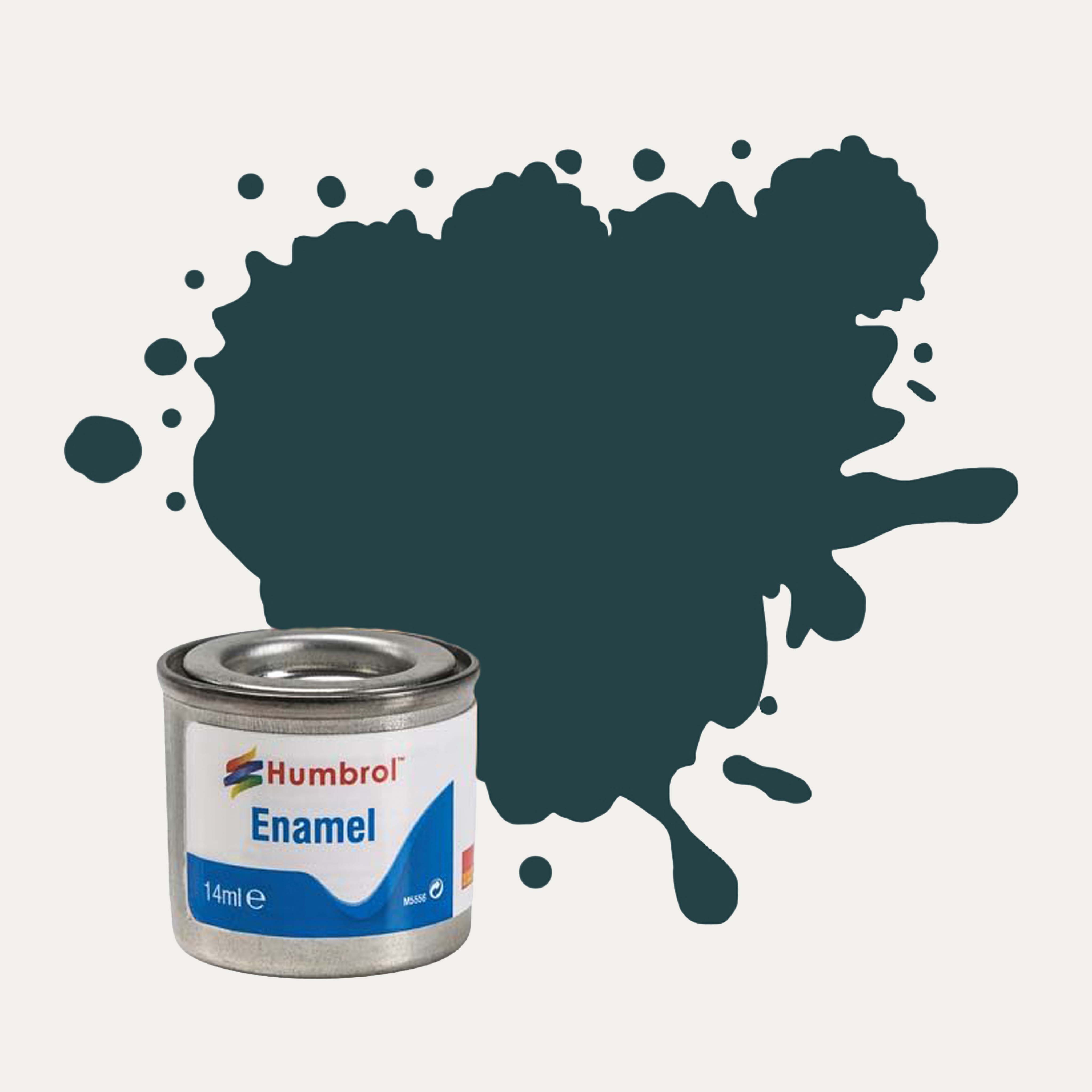 Humbrol Enamel paint tin, with a splatter of Tank Grey Matt colour behind it, on a white background.