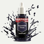 Bottle of the Army Painter Fanatics in the colour Terrestrial Titan on a white background. There are splatters of paint emerging from the bottom of the paint bottle. 