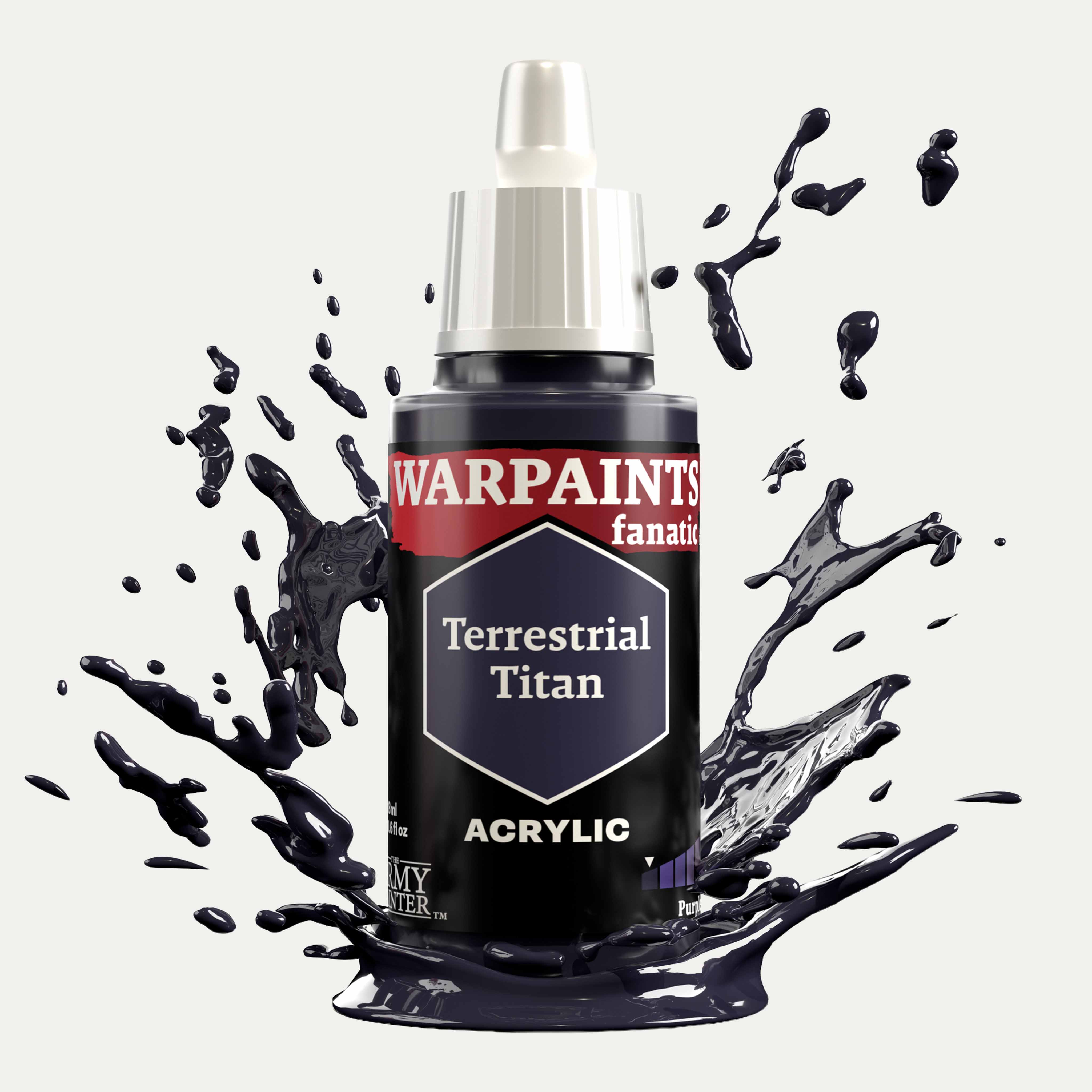 Bottle of the Army Painter Fanatics in the colour Terrestrial Titan on a white background. There are splatters of paint emerging from the bottom of the paint bottle. 