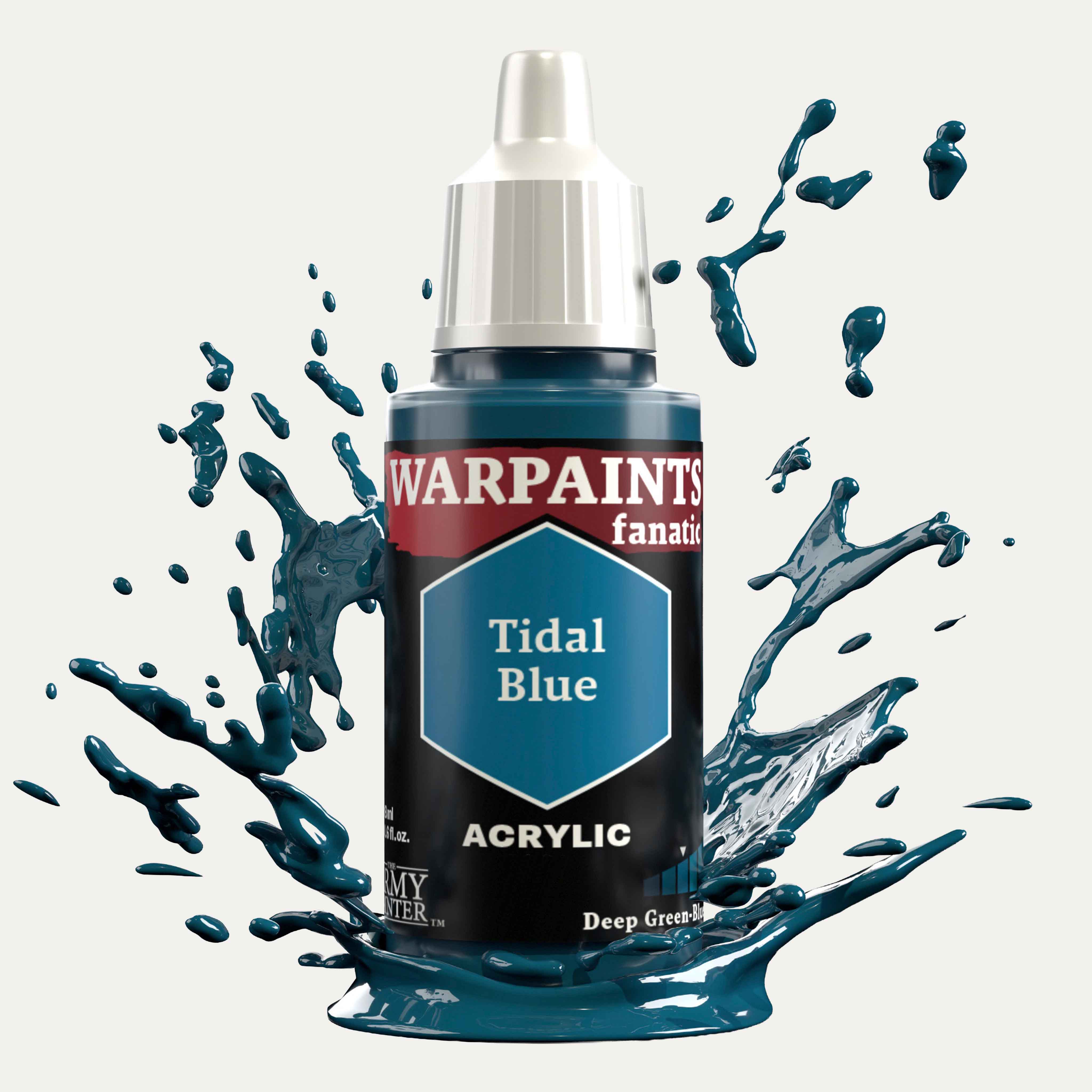 Bottle of the Army Painter Fanatics in the colour Tidal Blue on a white background. There are splatters of paint emerging from the bottom of the paint bottle. 