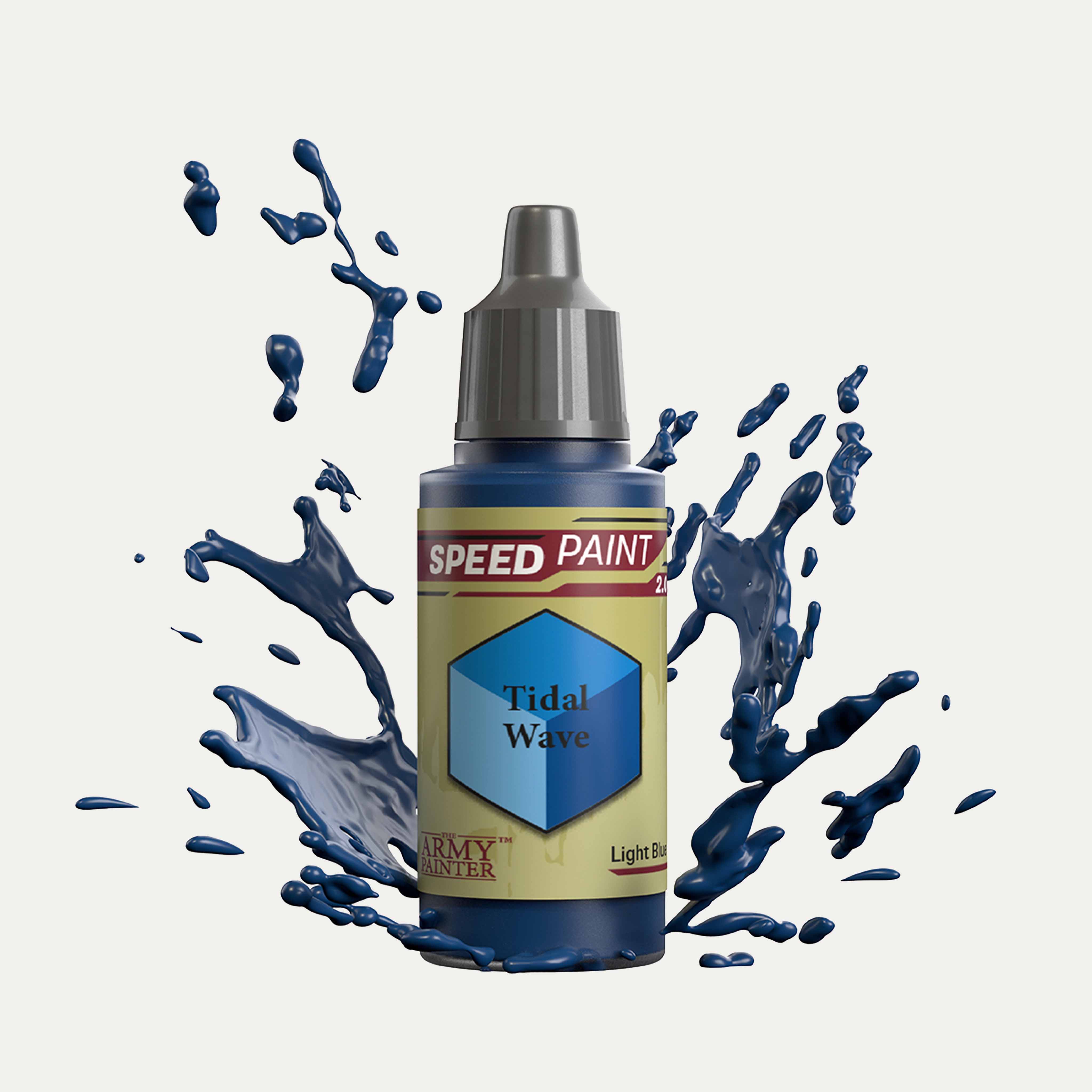 Bottle of the Army Painter Speedpaint in the colour Tidal Wave on a white background. There are splatters of Tidal Wave paint emerging from the bottom of the paint bottle. 
