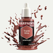 Bottle of the Army Painter Fanatics in the colour Topaz Skin on a white background. There are splatters of paint emerging from the bottom of the paint bottle. 