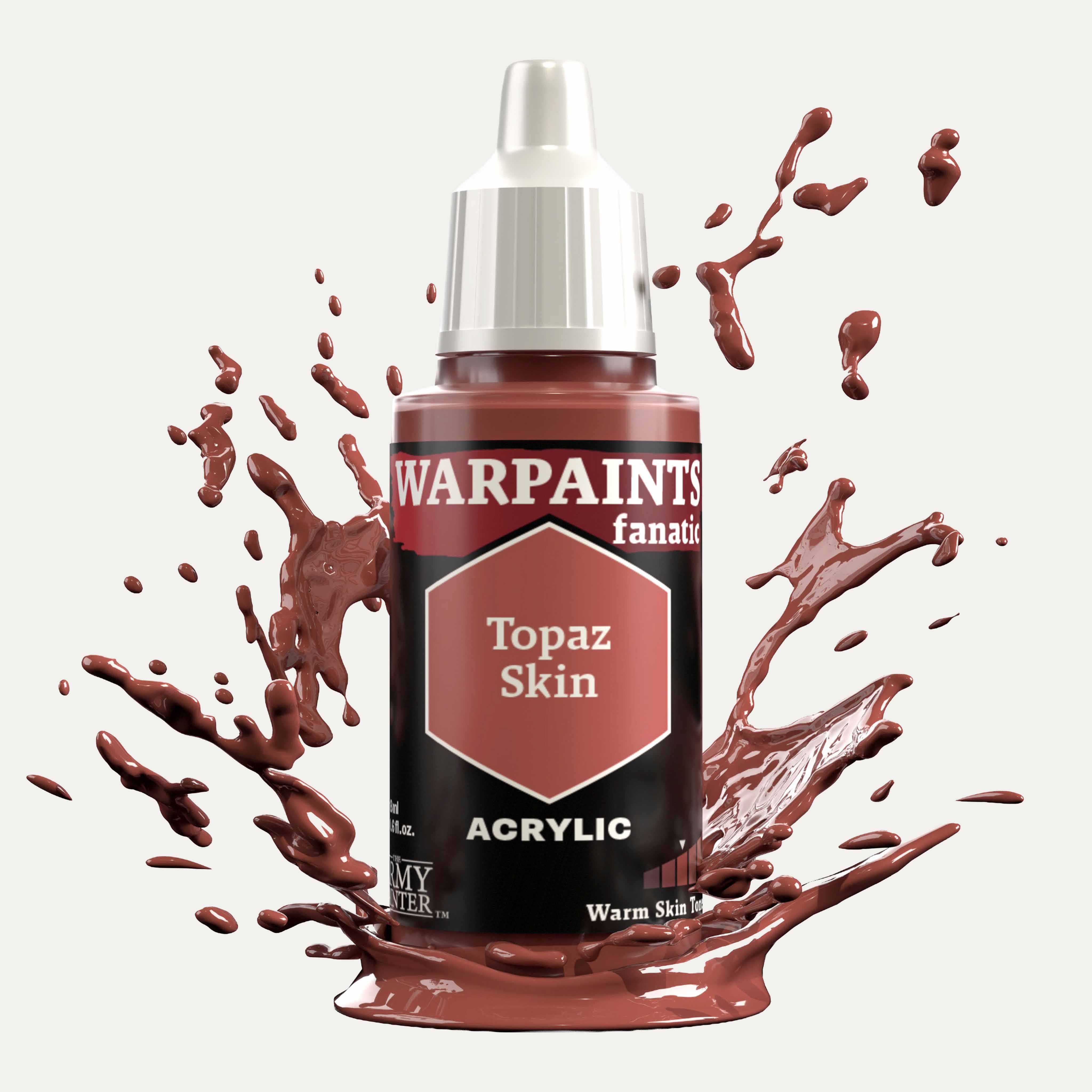 Bottle of the Army Painter Fanatics in the colour Topaz Skin on a white background. There are splatters of paint emerging from the bottom of the paint bottle. 