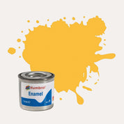 Humbrol Enamel paint tin, with a splatter of Trainer Yellow Matt colour behind it, on a white background.