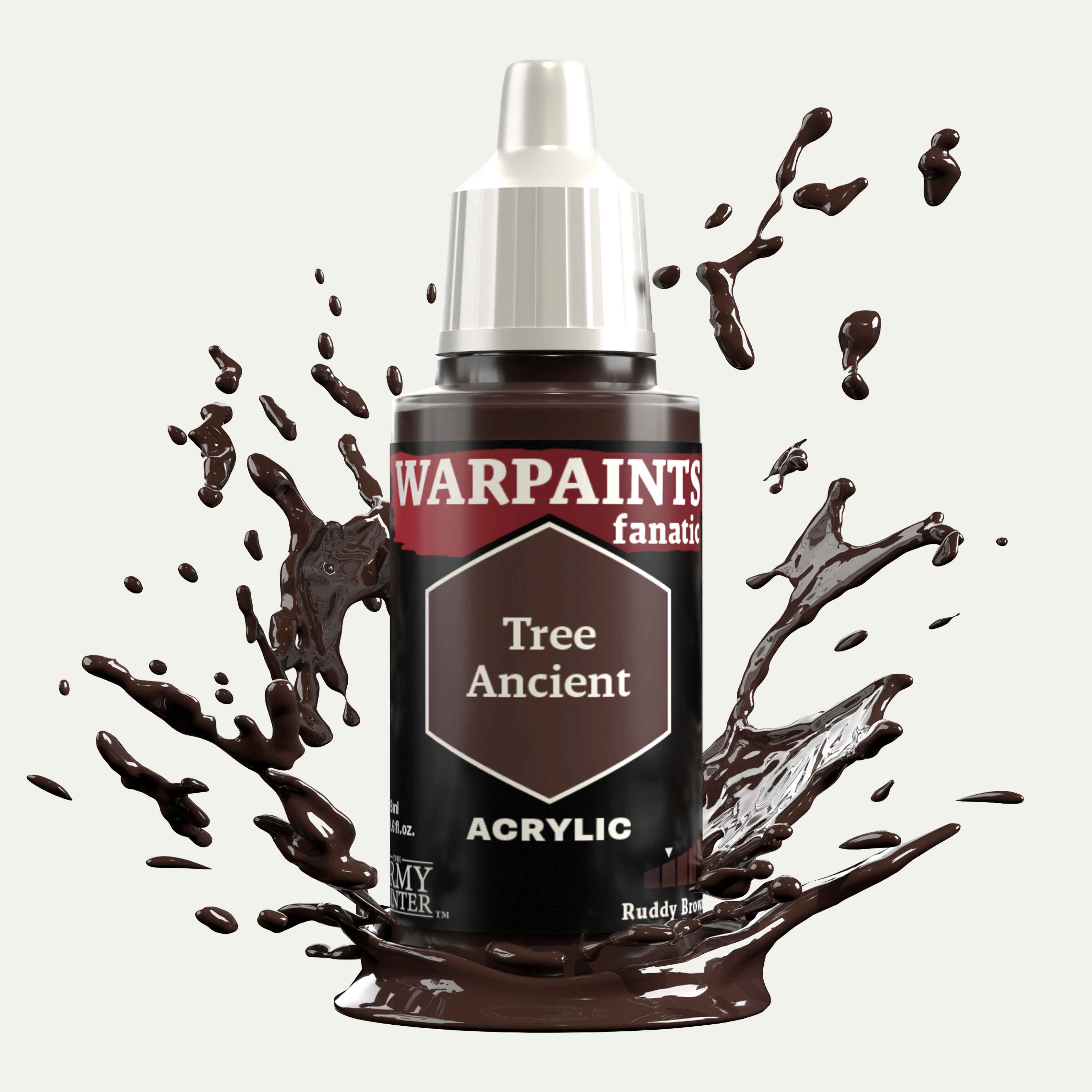 Bottle of the Army Painter Fanatics in the colour Tree Ancient on a white background. There are splatters of paint emerging from the bottom of the paint bottle. 