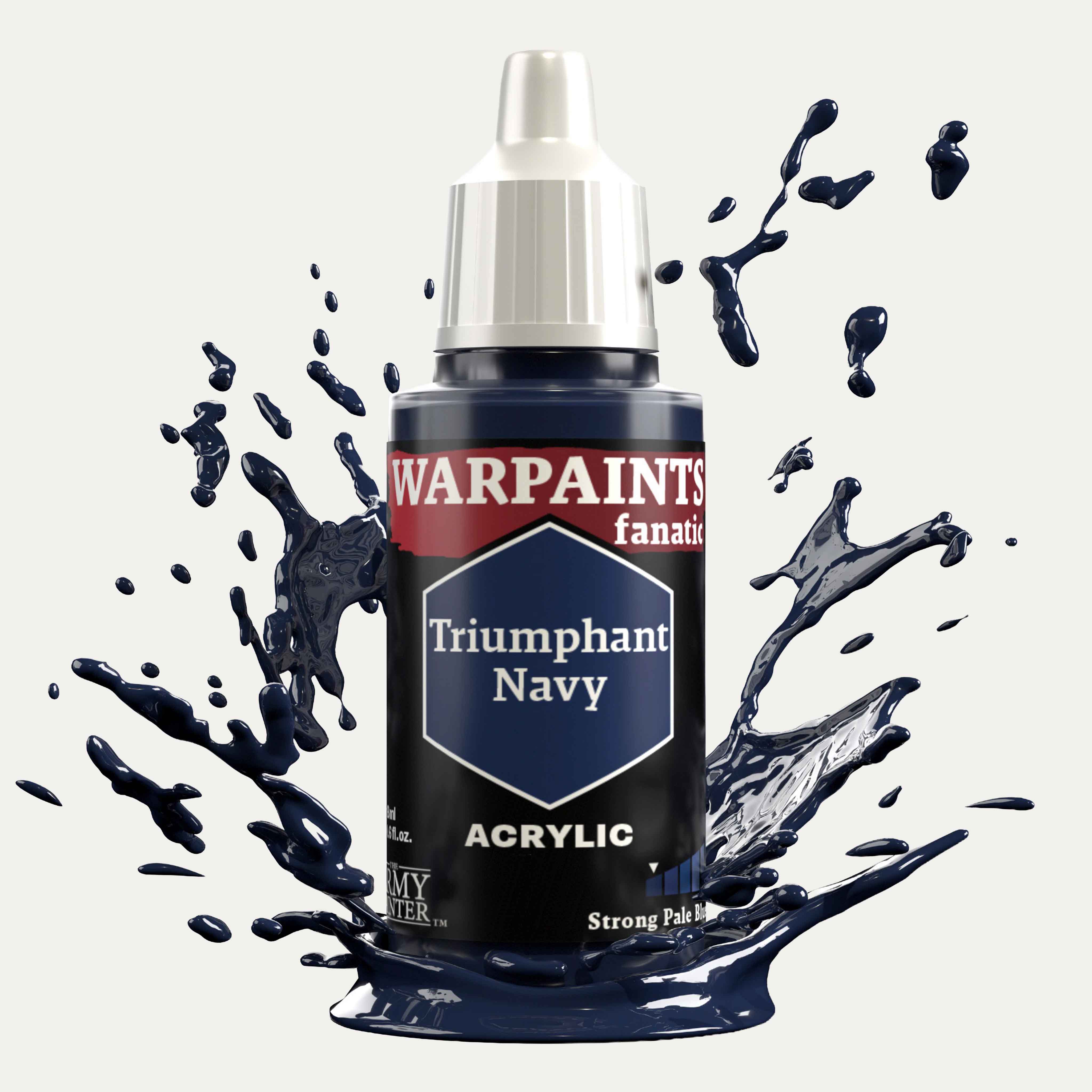 Bottle of the Army Painter Fanatics in the colour Triumphant Navy on a white background. There are splatters of paint emerging from the bottom of the paint bottle. 