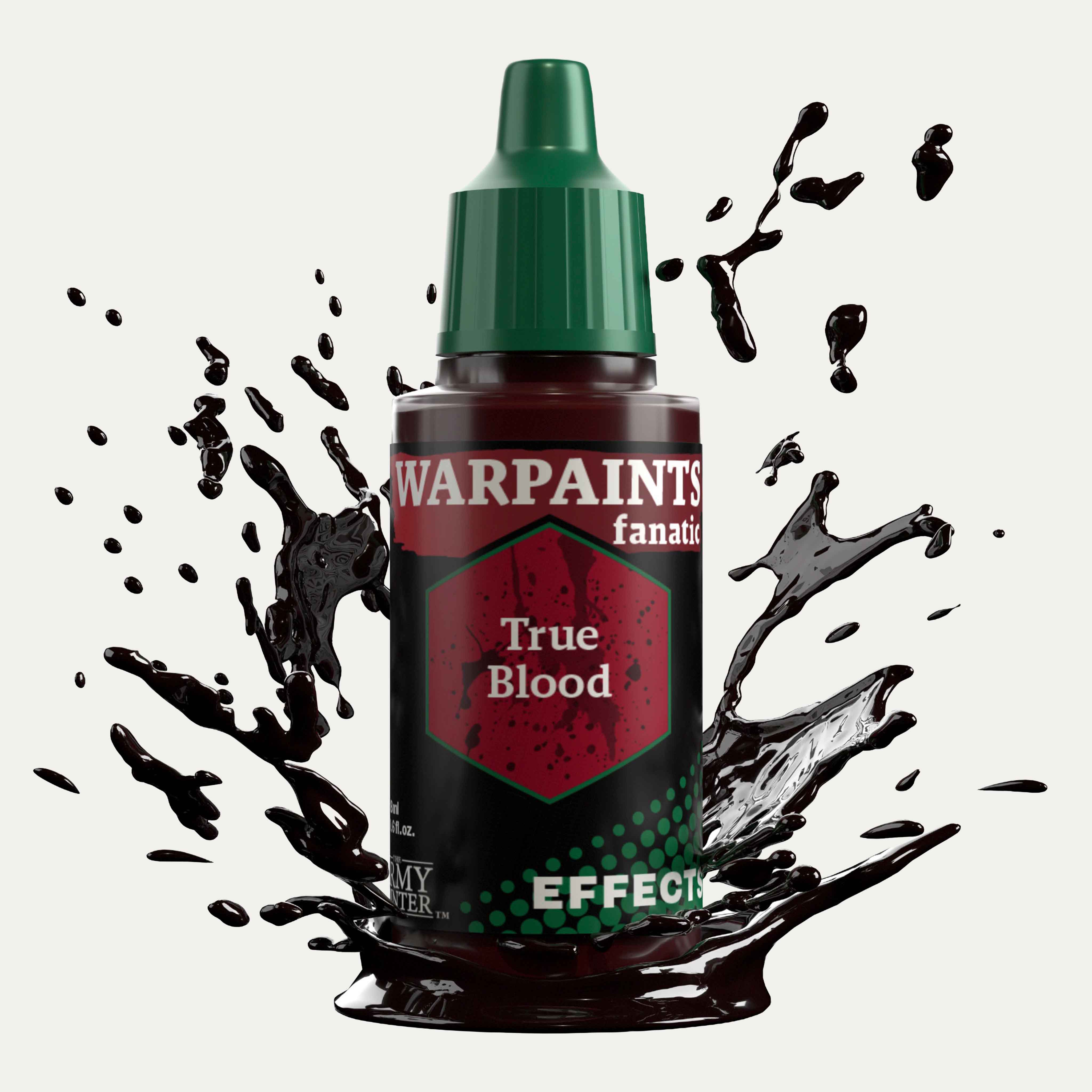 Bottle of the Army Painter Fanatics Effects in the colour True Blood on a white background. There are splatters of paint emerging from the bottom of the paint bottle. 
