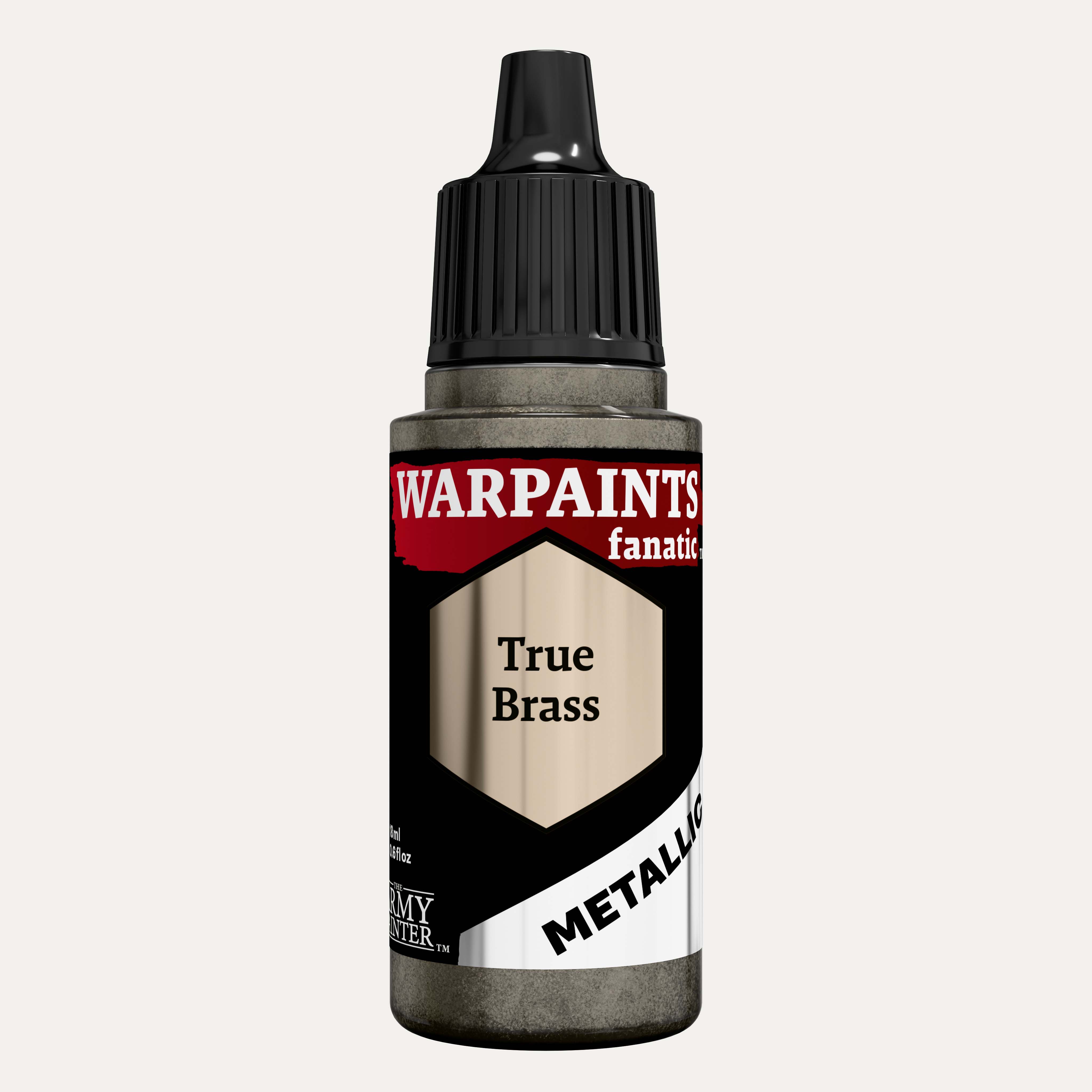 Bottle of the Army Painter Fanatics Metallic paint in the colour True Brass on a white background.