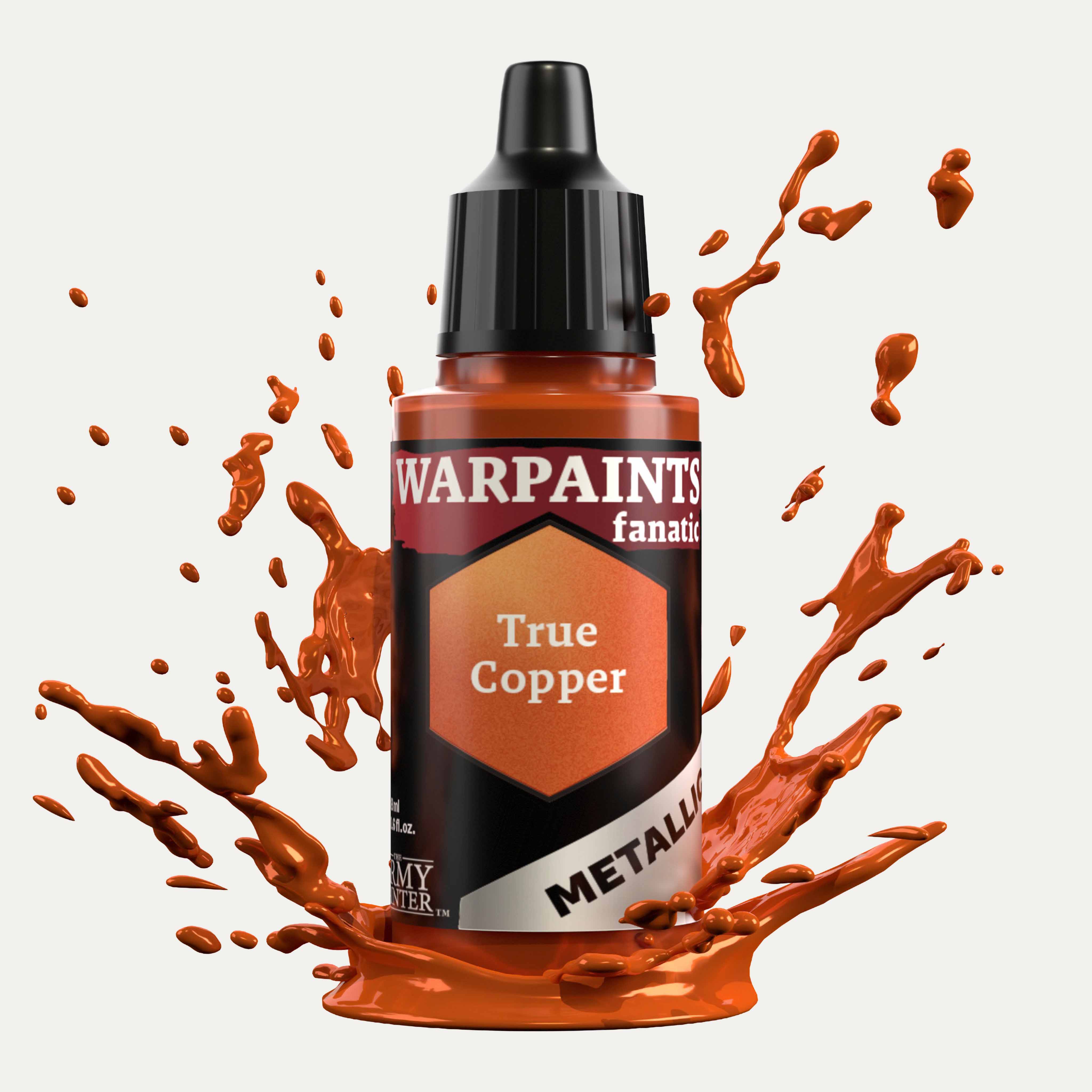 Bottle of the Army Painter Fanatics Metallic paint in the colour True Copper on a white background. There are splatters of paint emerging from the bottom of the paint bottle. 