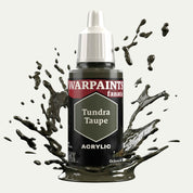 Bottle of the Army Painter Fanatics in the colour Tundra Taupe on a white background. There are splatters of paint emerging from the bottom of the paint bottle. 
