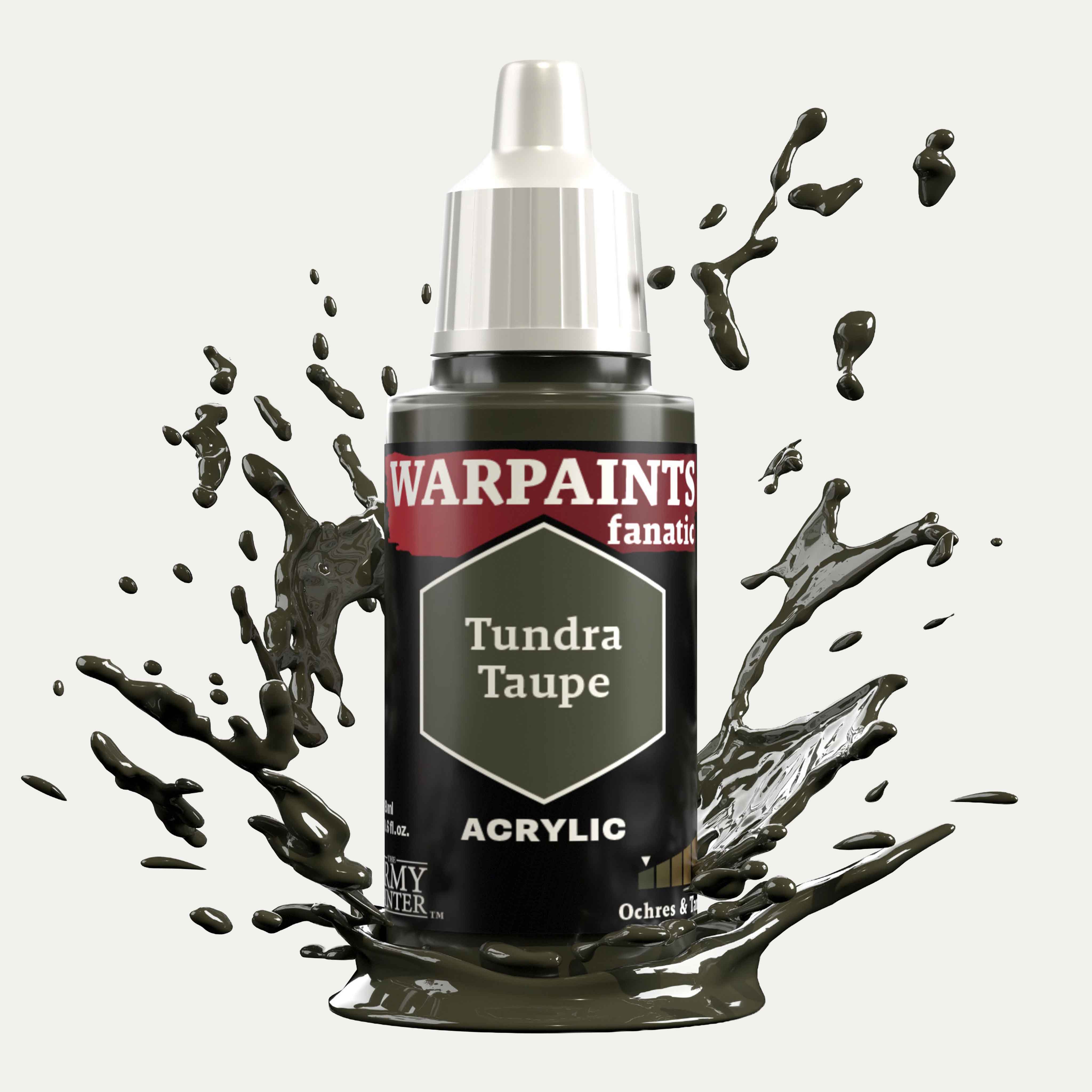 Bottle of the Army Painter Fanatics in the colour Tundra Taupe on a white background. There are splatters of paint emerging from the bottom of the paint bottle. 