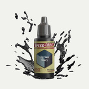 Bottle of the Army Painter Speedpaint in the colour Tyrian Navy on a white background. There are splatters of Tyrian Navy paint emerging from the bottom of the paint bottle. 