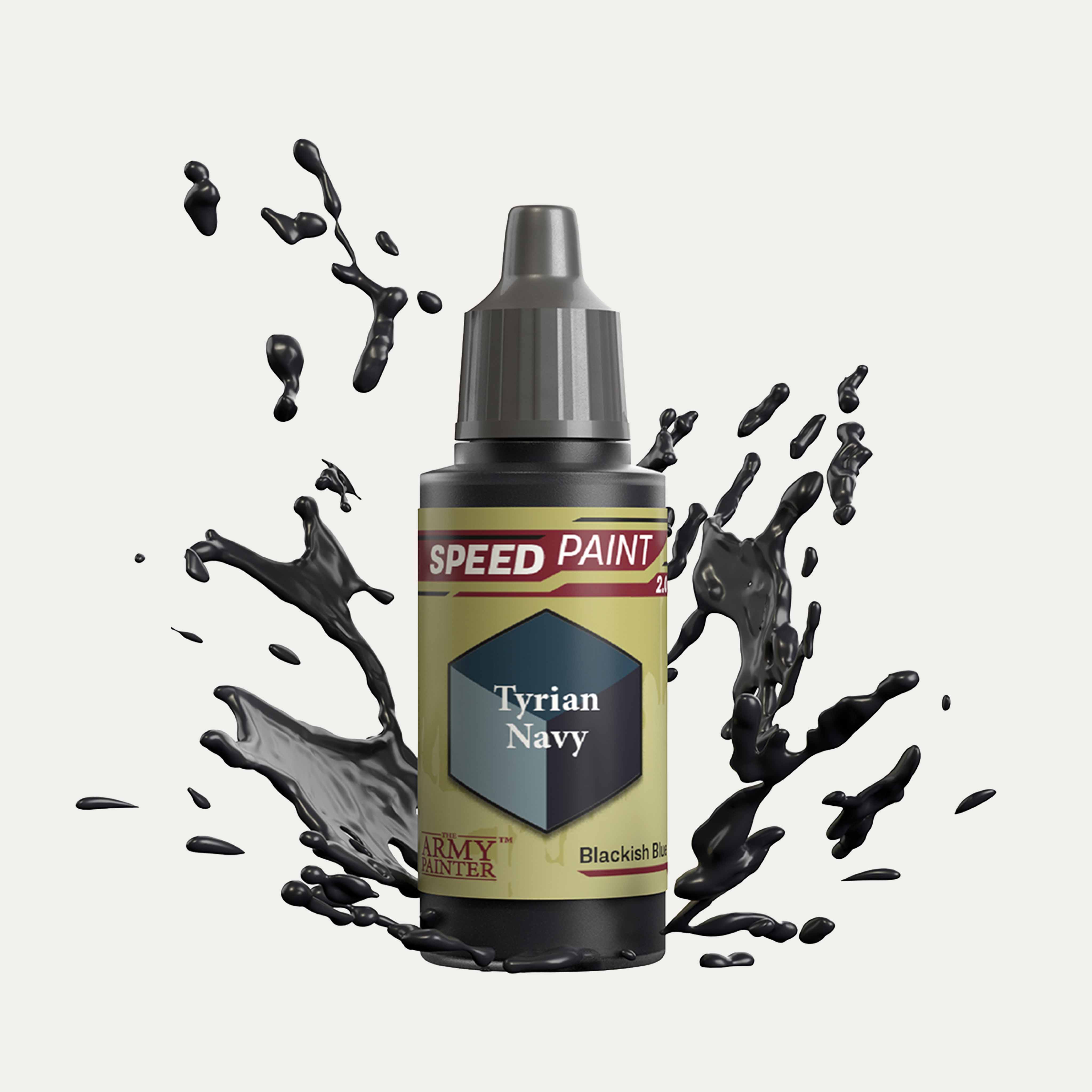 Bottle of the Army Painter Speedpaint in the colour Tyrian Navy on a white background. There are splatters of Tyrian Navy paint emerging from the bottom of the paint bottle. 