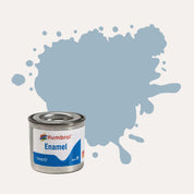 Humbrol Enamel paint tin, with a splatter of US Ghost Grey Satin colour behind it, on a white background.