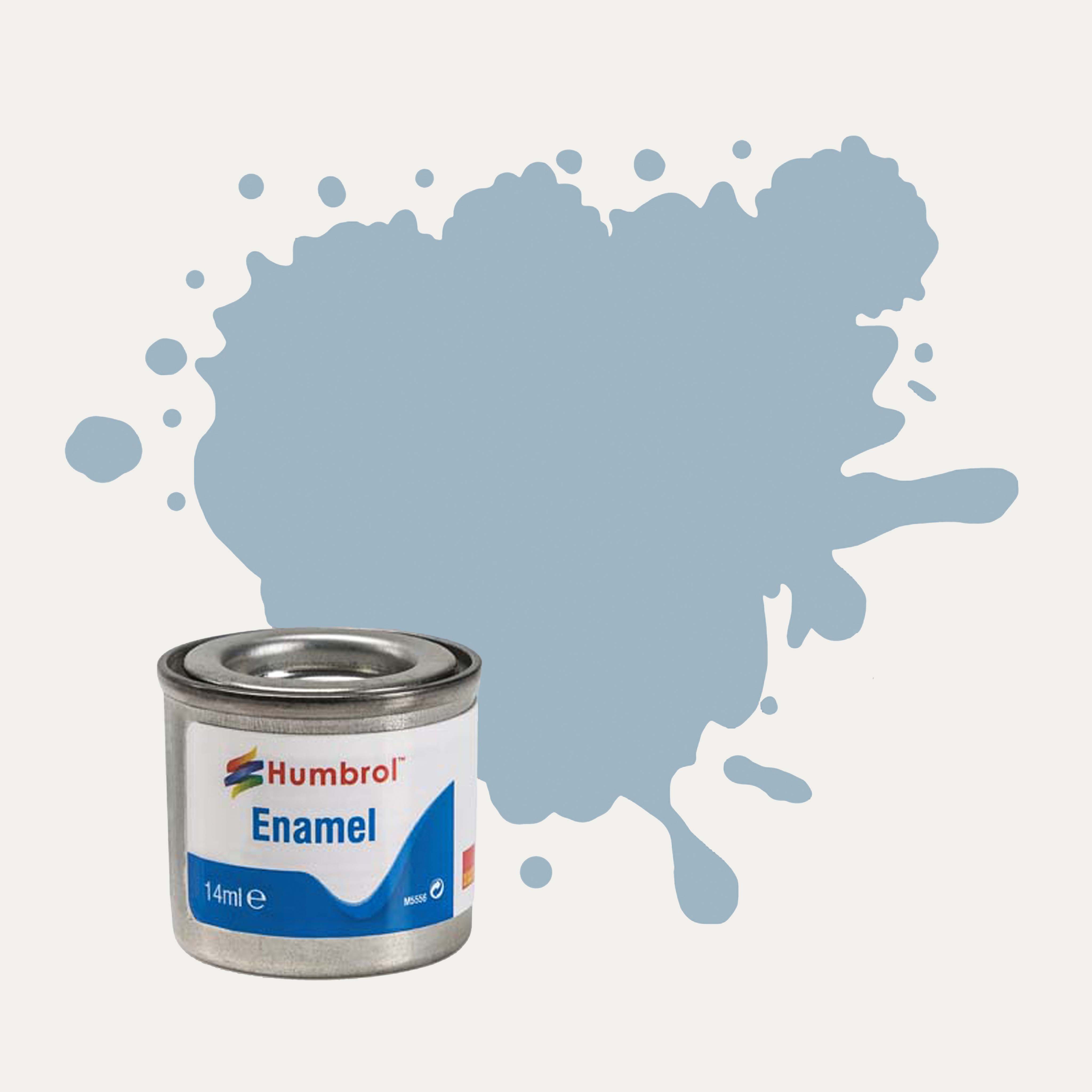 Humbrol Enamel paint tin, with a splatter of US Ghost Grey Satin colour behind it, on a white background.