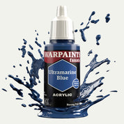 Bottle of the Army Painter Fanatics in the colour Ultramarine Blue on a white background. There are splatters of paint emerging from the bottom of the paint bottle. 