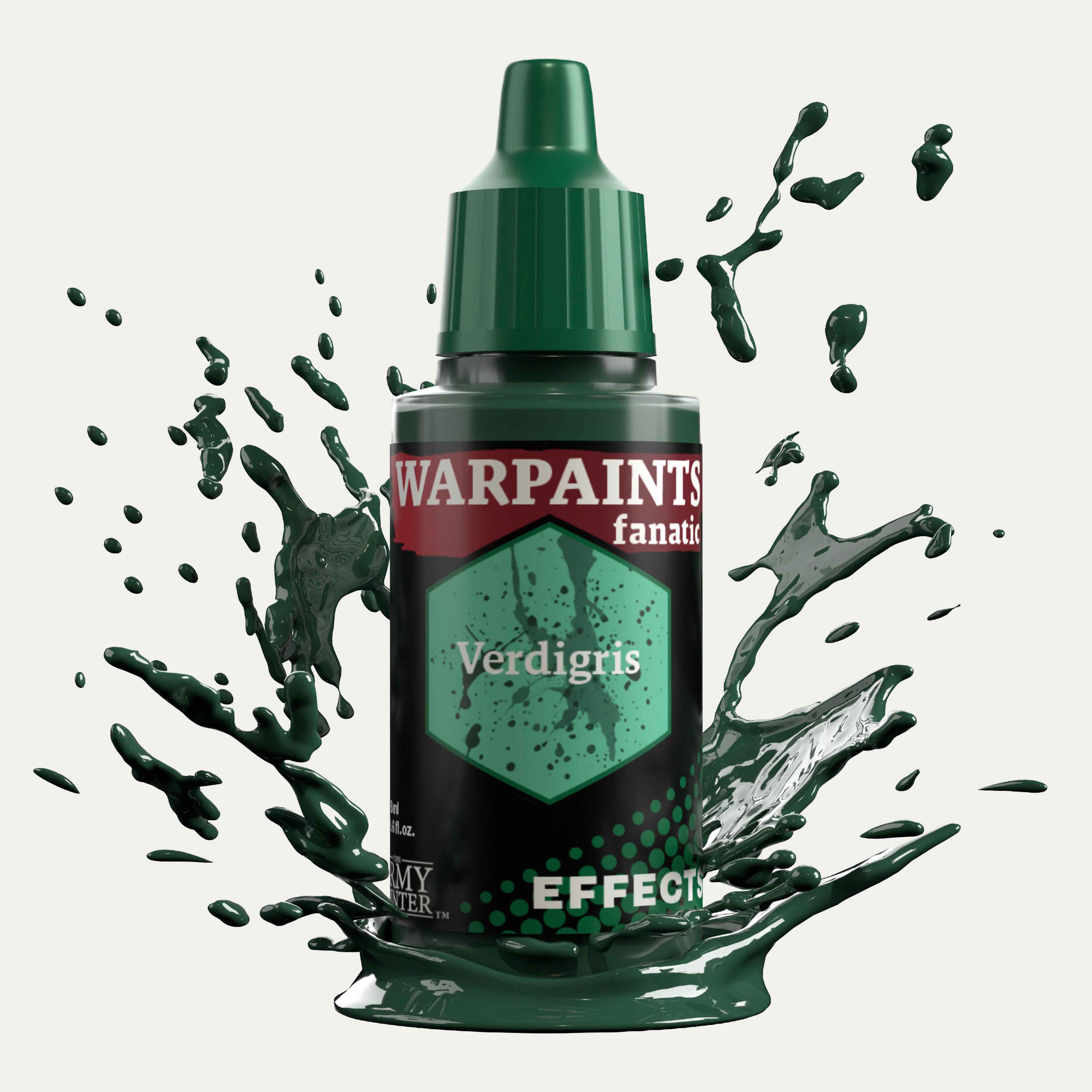 Bottle of the Army Painter Fanatics Effects in the colour Verdigris on a white background. There are splatters of paint emerging from the bottom of the paint bottle. 