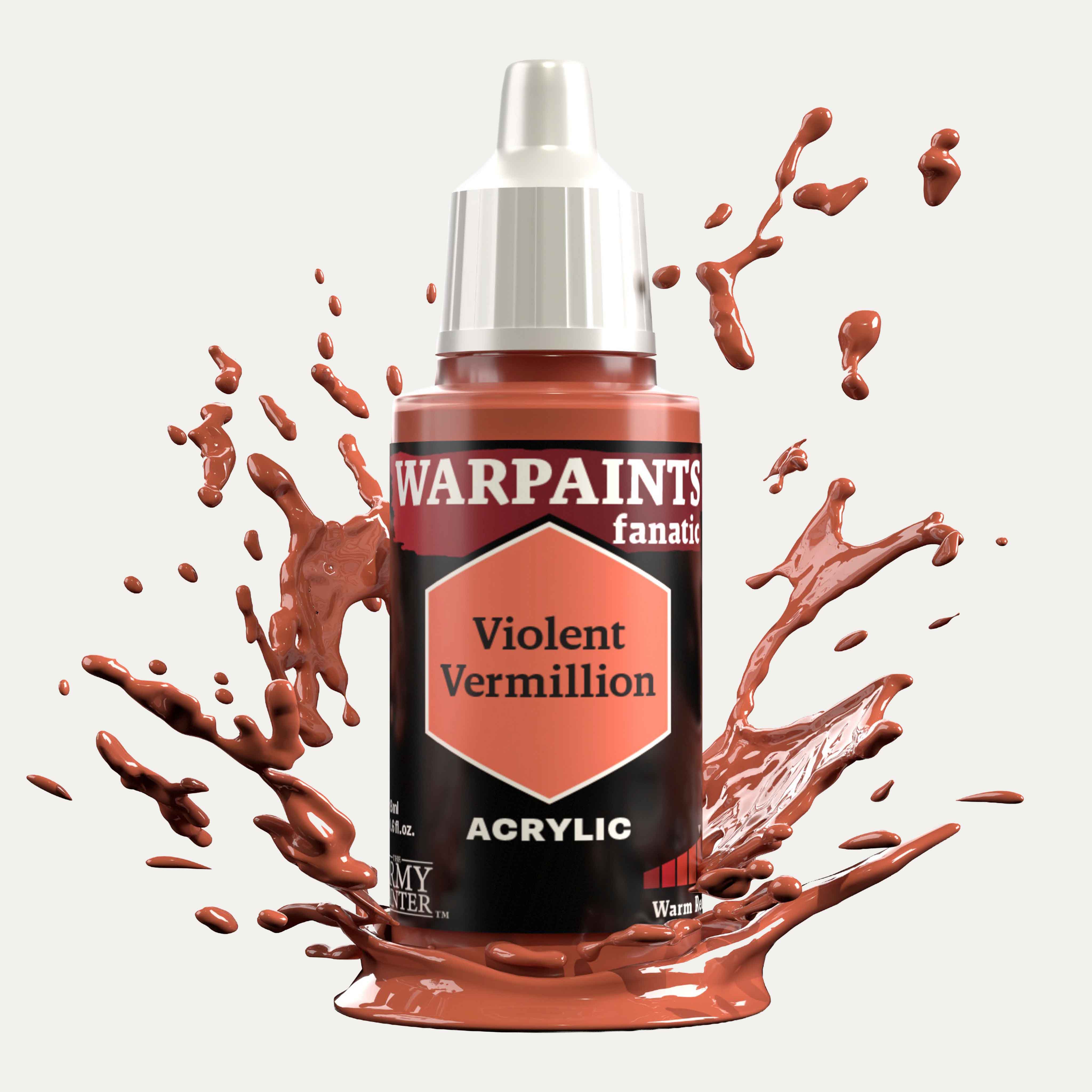 Bottle of the Army Painter Fanatics in the colour Violent Vermillion on a white background. There are splatters of paint emerging from the bottom of the paint bottle. 