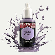 Bottle of the Army Painter Fanatics in the colour Violet Coven on a white background. There are splatters of paint emerging from the bottom of the paint bottle. 