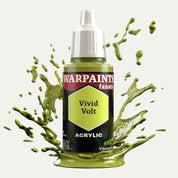 Bottle of the Army Painter Fanatics in the colour Vivid Volt on a white background. There are splatters of paint emerging from the bottom of the paint bottle. 