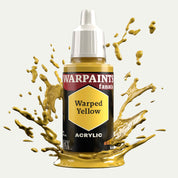 Bottle of the Army Painter Fanatics in the colour Warped Yellow on a white background. There are splatters of paint emerging from the bottom of the paint bottle. 