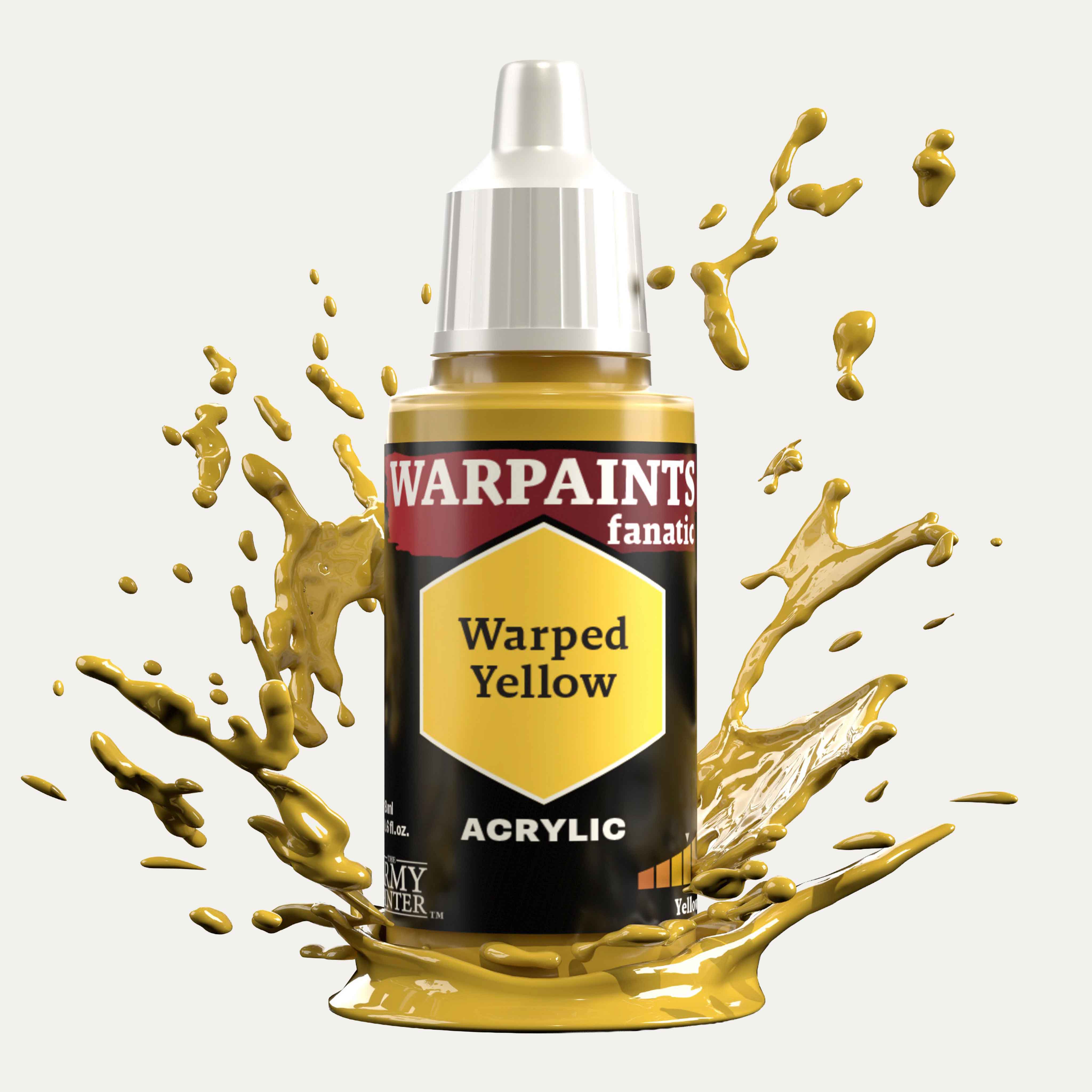 Bottle of the Army Painter Fanatics in the colour Warped Yellow on a white background. There are splatters of paint emerging from the bottom of the paint bottle. 