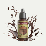 Bottle of the Army Painters Speedpaint in the colour Warrior Skin on a white background. There are splatters of Warrior Skin paint emerging from the bottom of the paint bottle. 