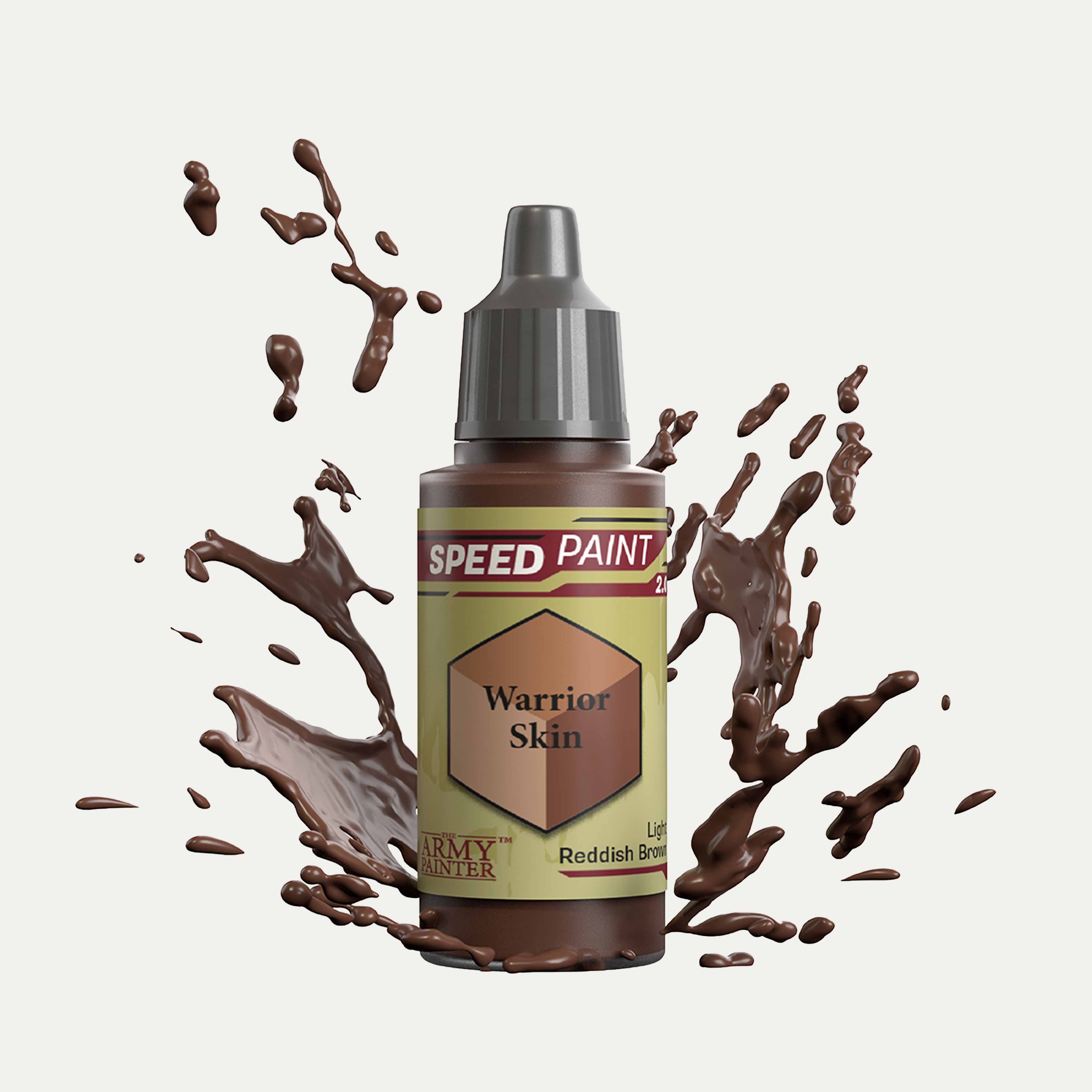 Bottle of the Army Painters Speedpaint in the colour Warrior Skin on a white background. There are splatters of Warrior Skin paint emerging from the bottom of the paint bottle. 