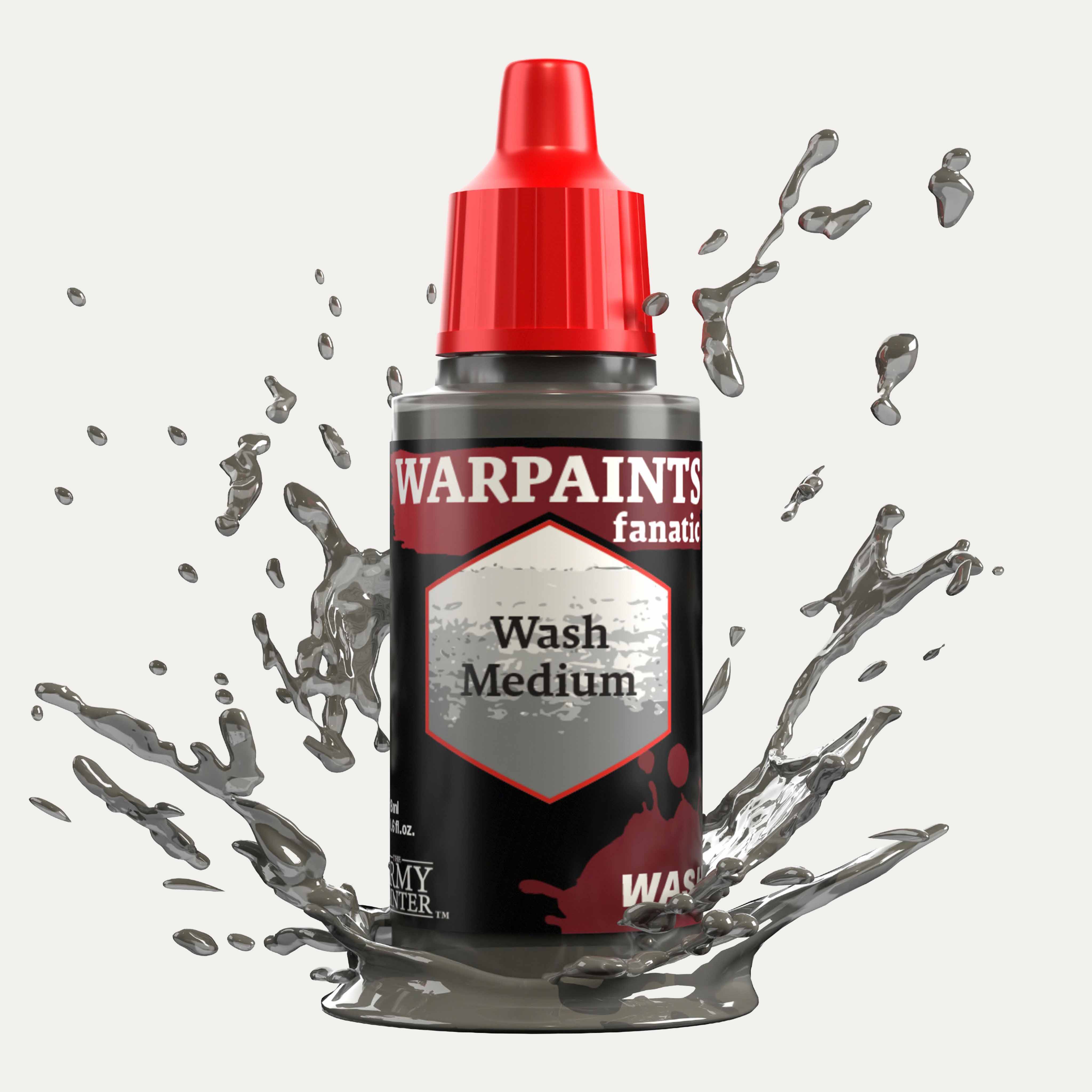 Bottle of the Army Painter Fanatics Wash Medium on a white background. There are splatters of paint emerging from the bottom of the paint bottle. 