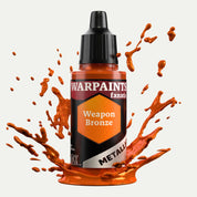 Bottle of the Army Painter Fanatics Metallic paint in the colour Weapon Bronze on a white background. There are splatters of paint emerging from the bottom of the paint bottle. 