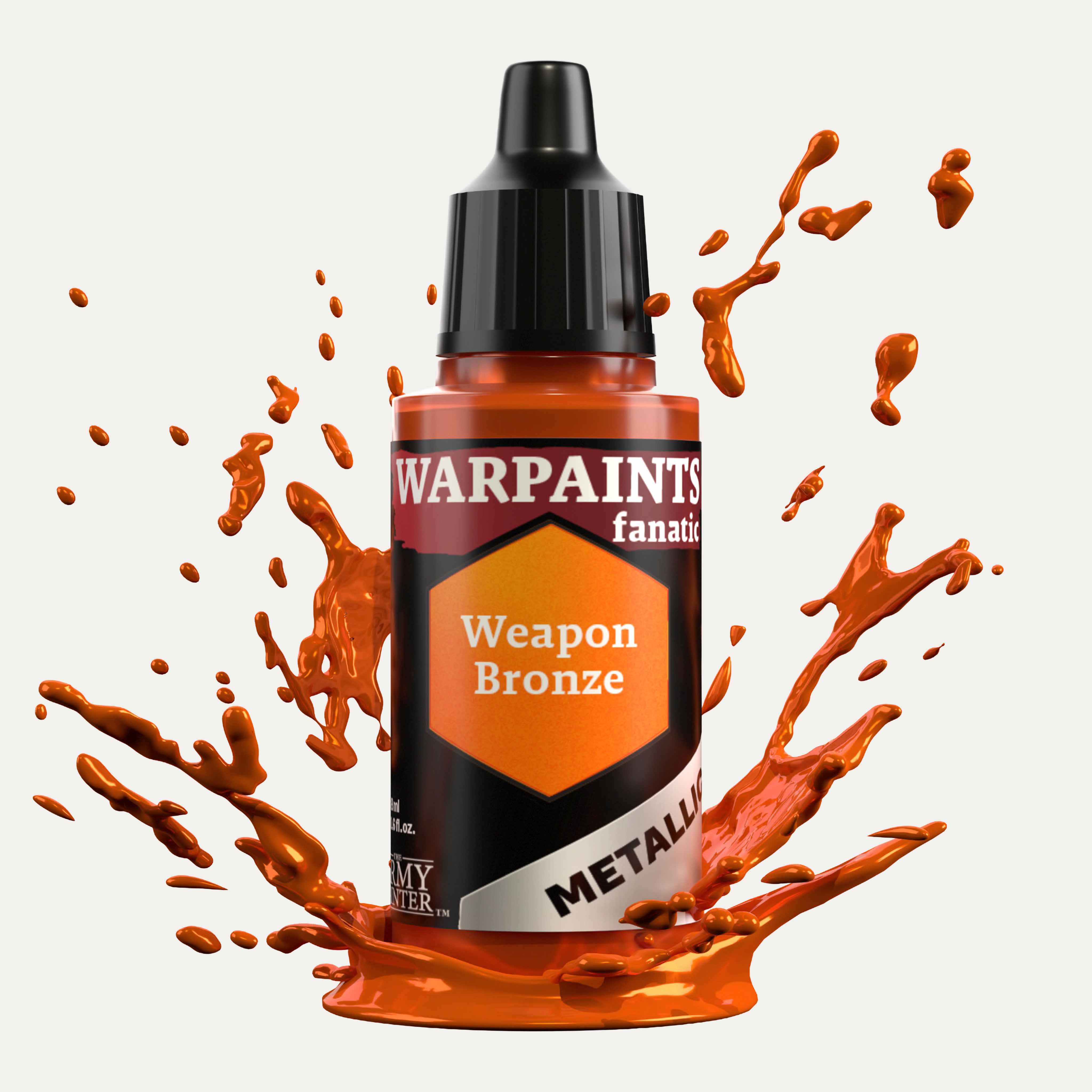 Bottle of the Army Painter Fanatics Metallic paint in the colour Weapon Bronze on a white background. There are splatters of paint emerging from the bottom of the paint bottle. 
